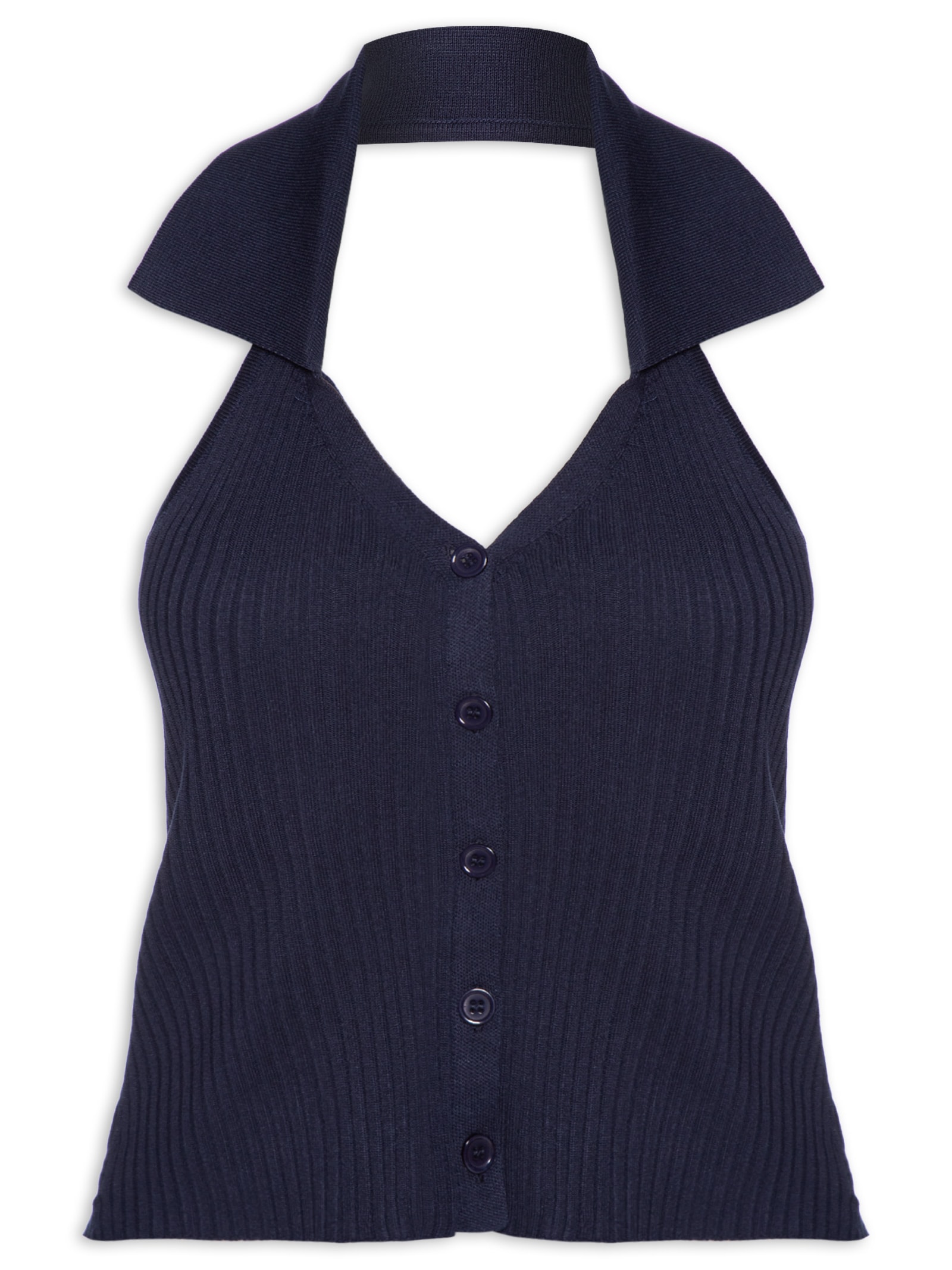 Colete Feminino Em Tricot Gola Polo Azul Basiq