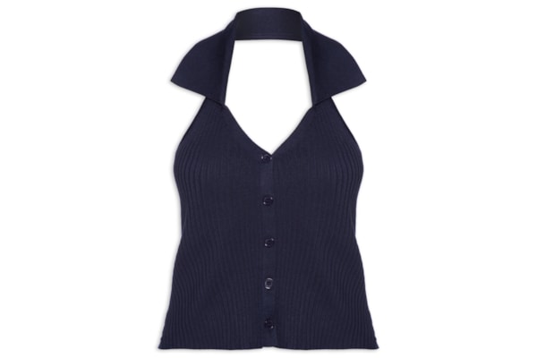 Colete Feminino Em Tricot Gola Polo - Azul