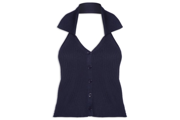 Colete Feminino Em Tricot Gola Polo - Azul