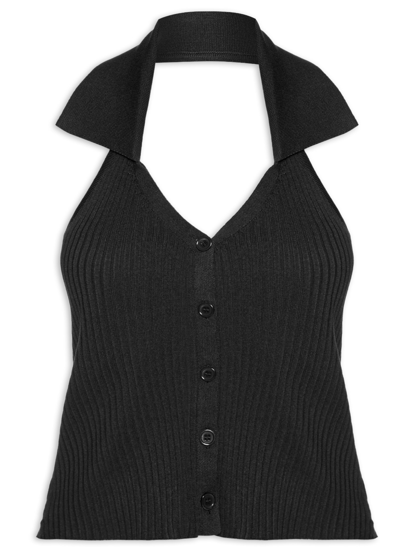Colete Feminino Em Tricot Gola Polo Preto Basiq