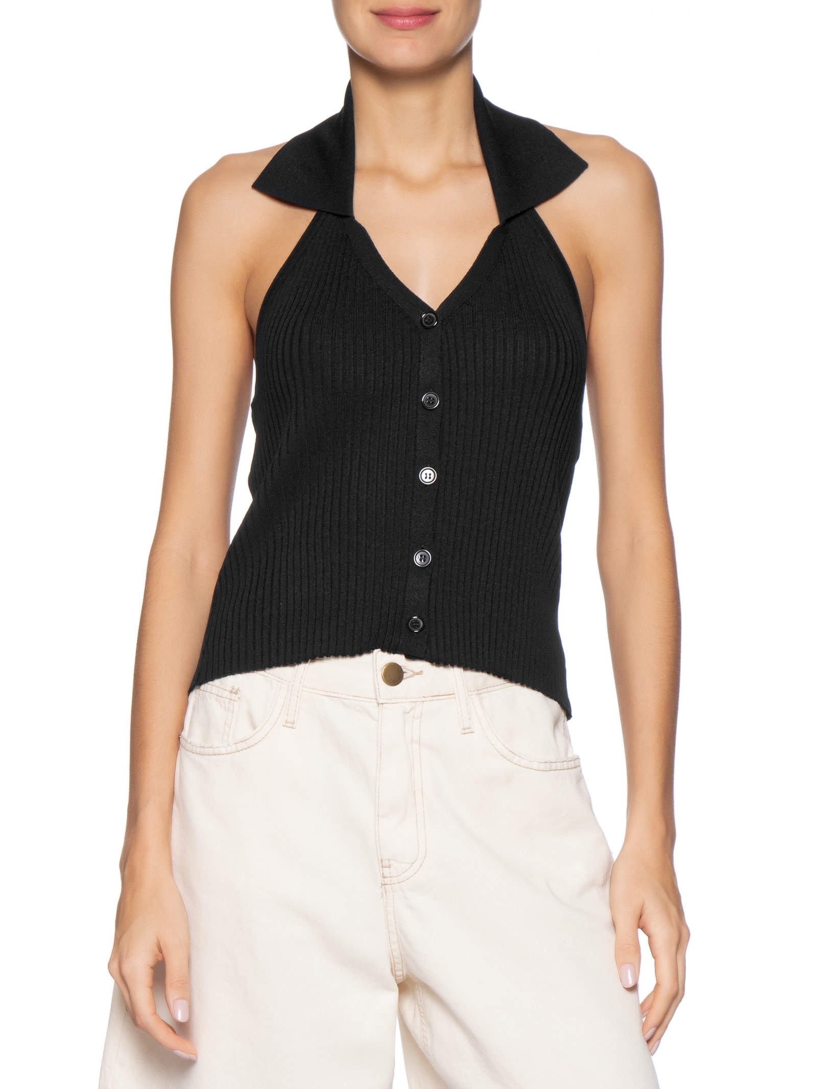 Colete Feminino Em Tricot Gola Polo Preto Basiq