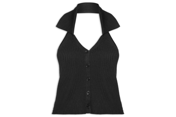 Colete Feminino Em Tricot Gola Polo - Preto