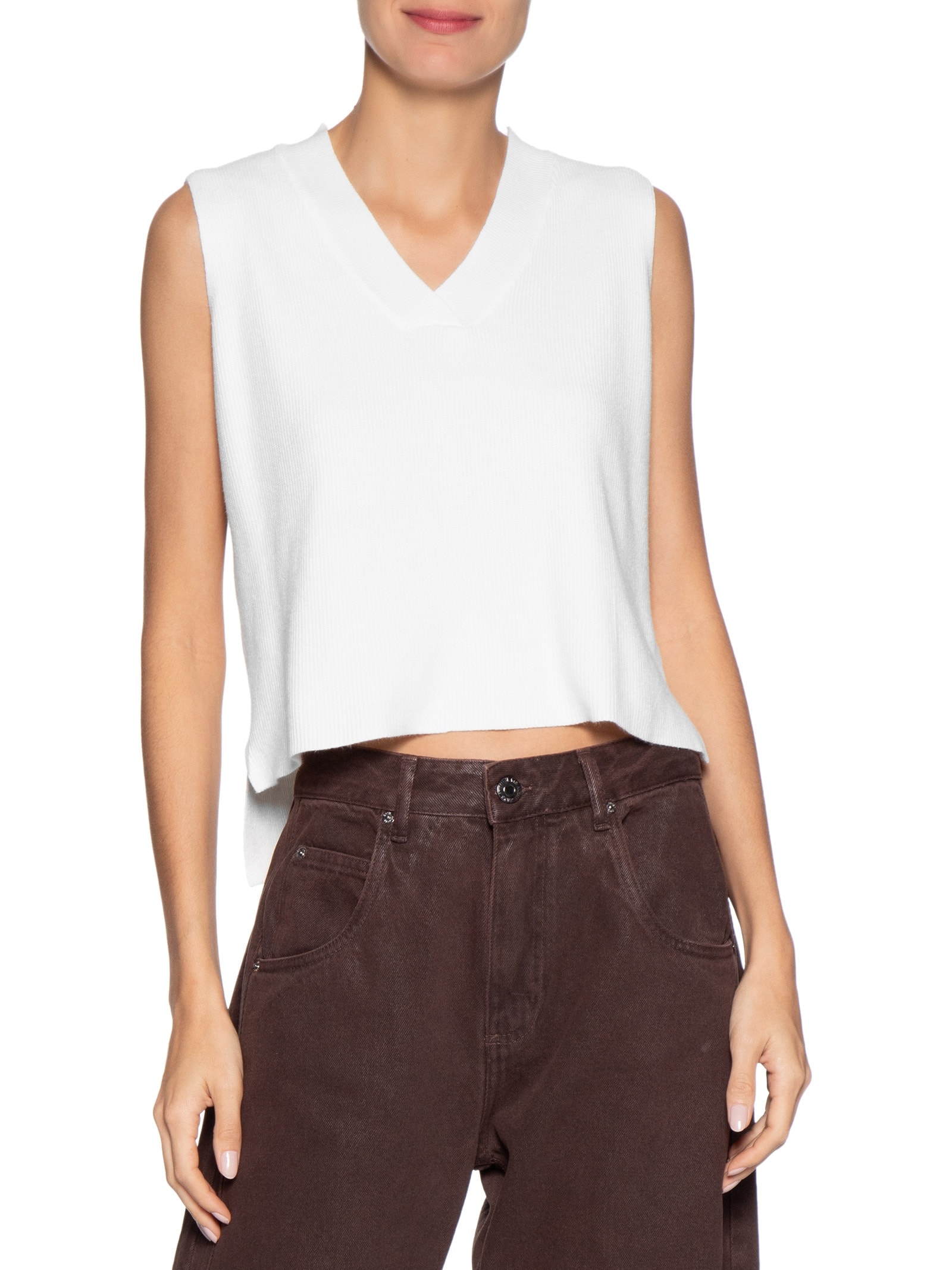 Colete Feminino em Tricot Gola V Branco Basiq