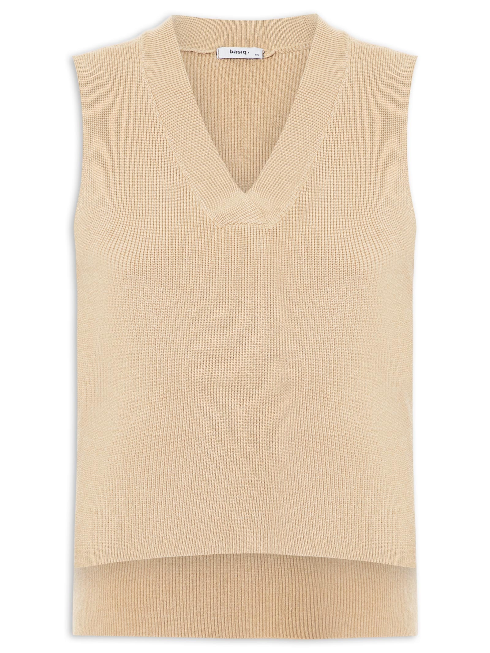 Colete Feminino em Tricot Gola V – Bege Basiq