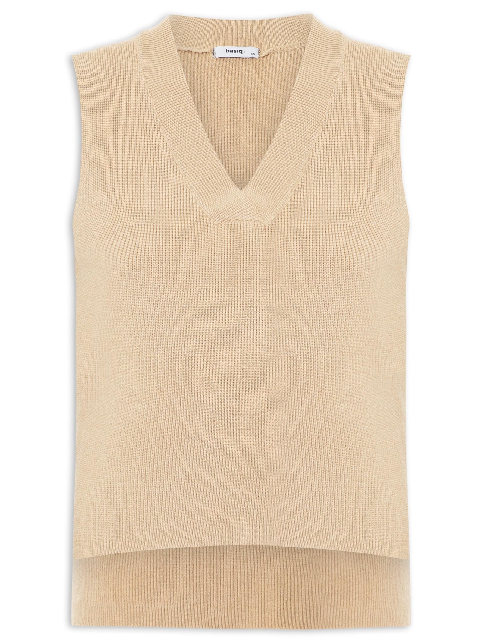 Colete Feminino em Tricot Gola V – Bege Basiq