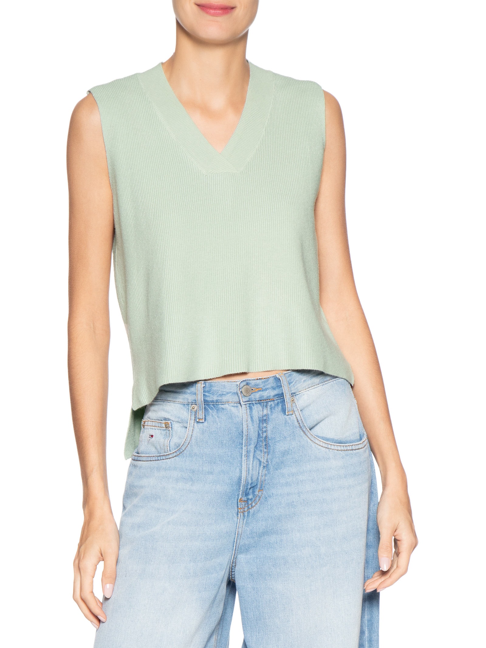 Colete Feminino em Tricot Gola V – Verde Basiq