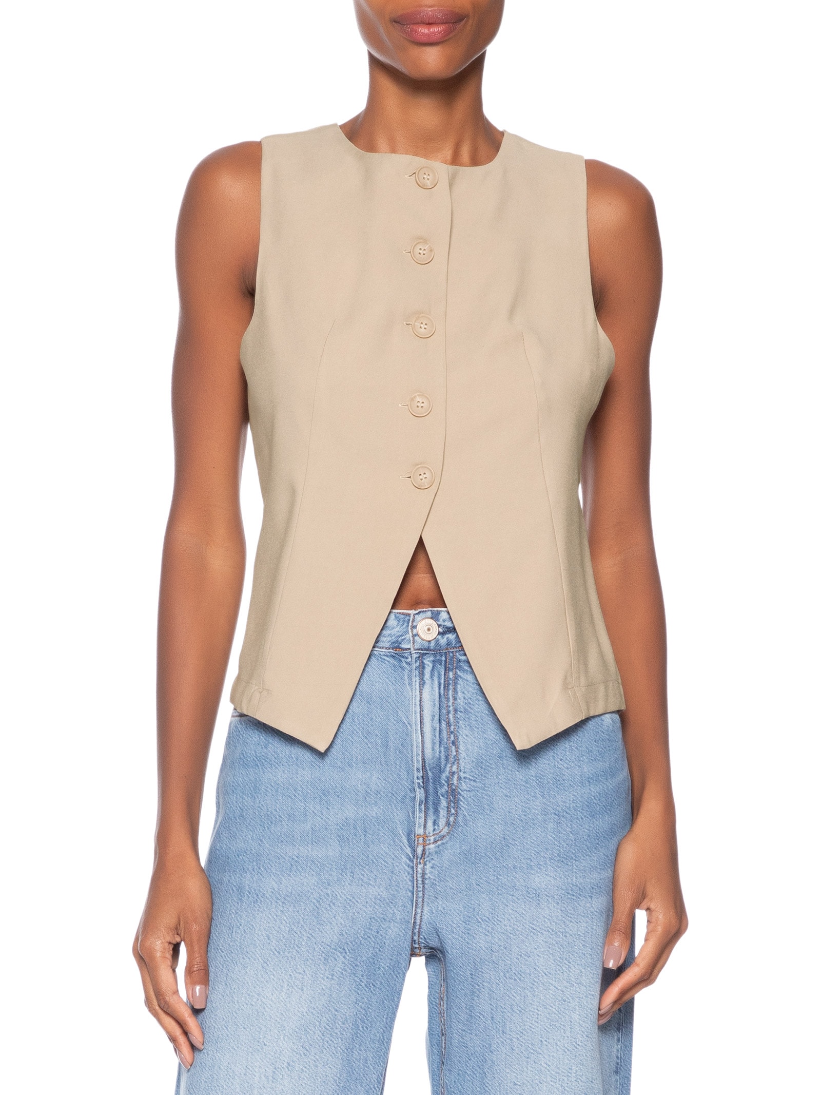 Colete Feminino Gola Careca Bege Basiq