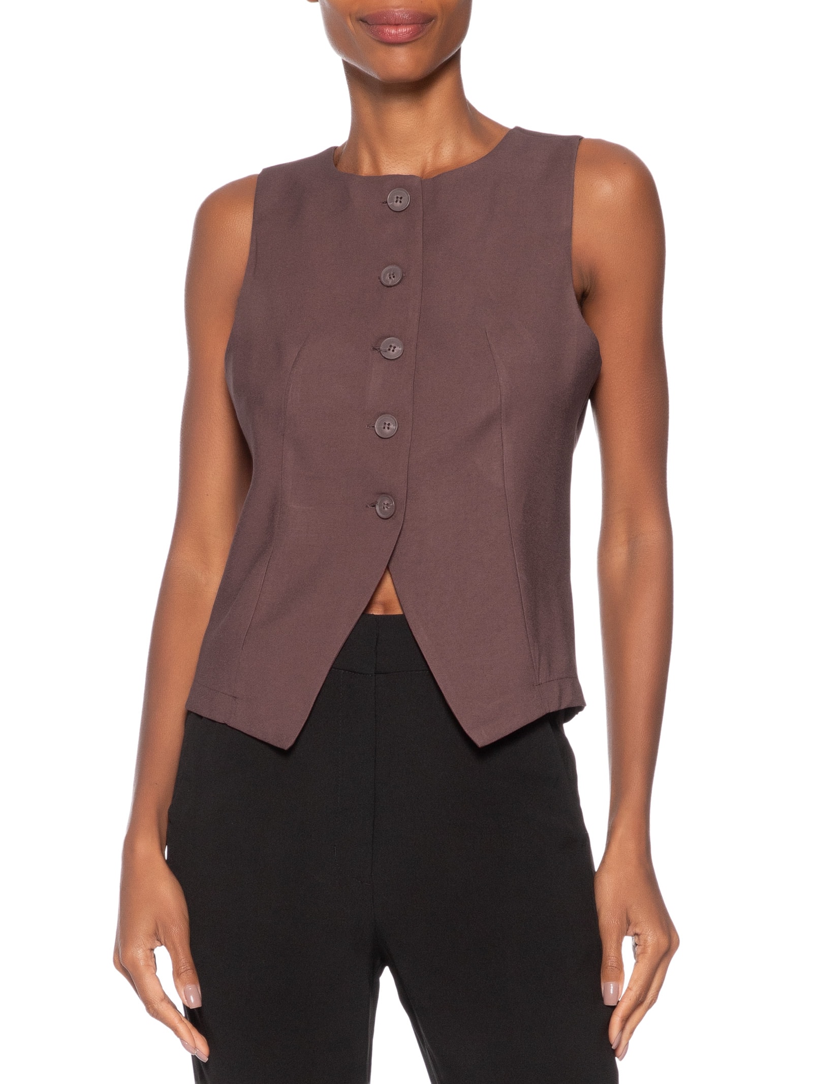 Colete Feminino Gola Careca Marrom Basiq