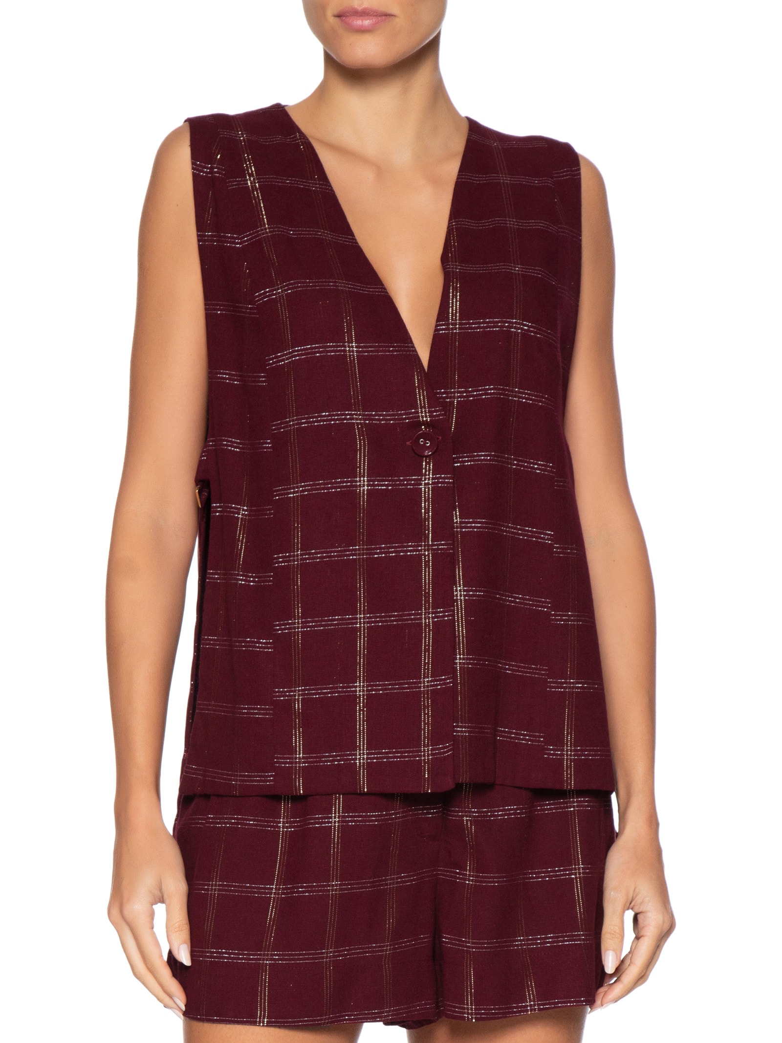 Colete Feminino Linho Xadrez Lurex Marrom Dress To