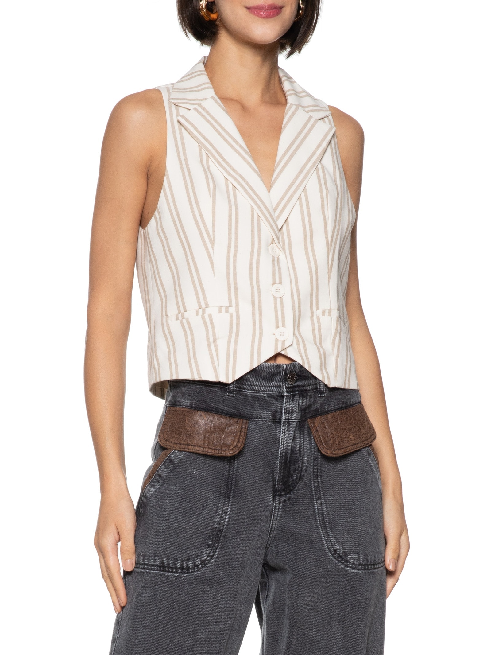 Colete Feminino Listrado Bege Colcci