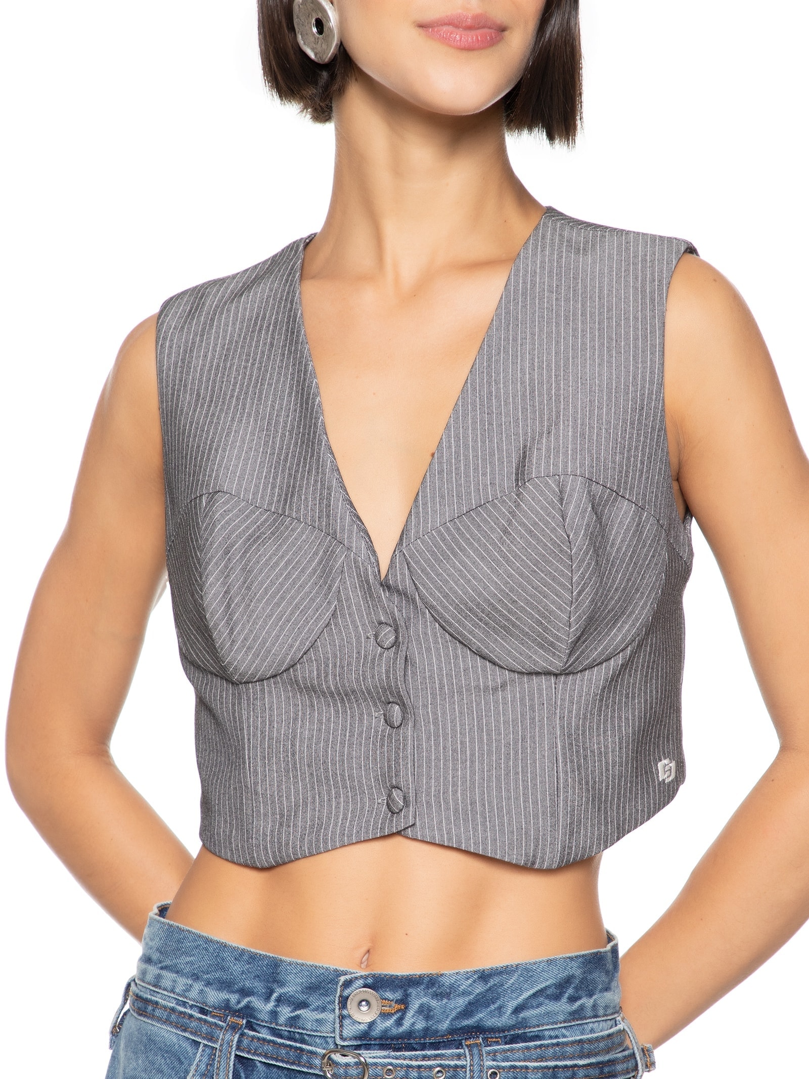 Colete Feminino Listrado Cinza Colcci