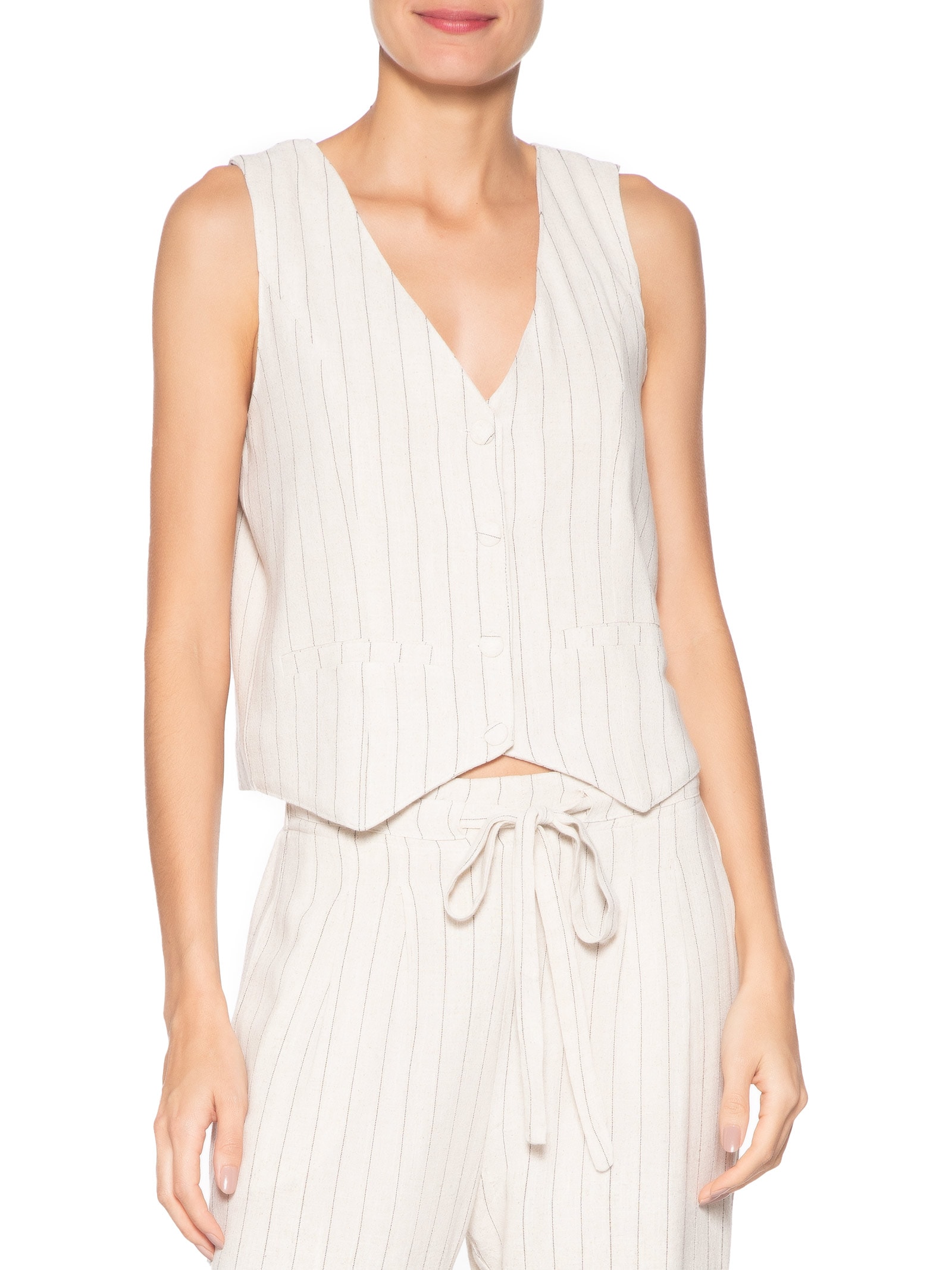 Colete Feminino Risca de Giz Com Linho Bege Basiq