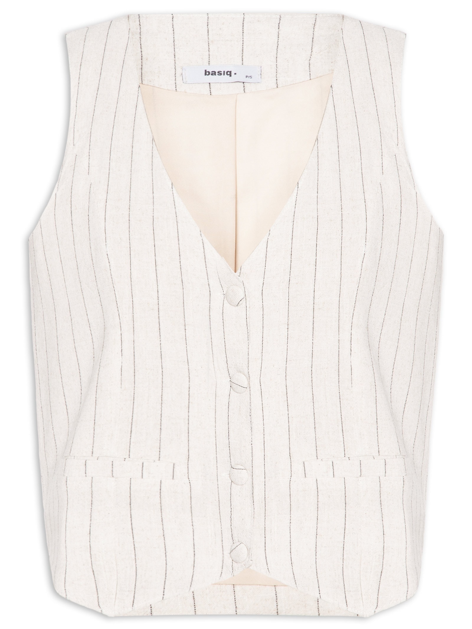 Colete Feminino Risca de Giz Com Linho Bege Basiq