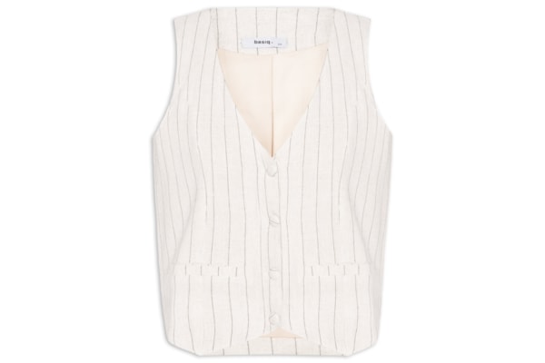 Colete Feminino Risca de Giz Com Linho - Bege
