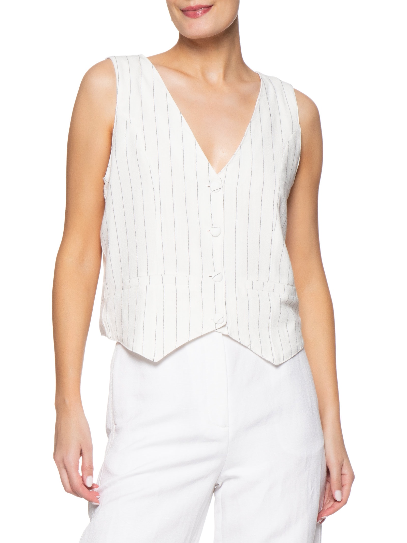 Colete Feminino Risca de Giz Com Linho Off White Basiq