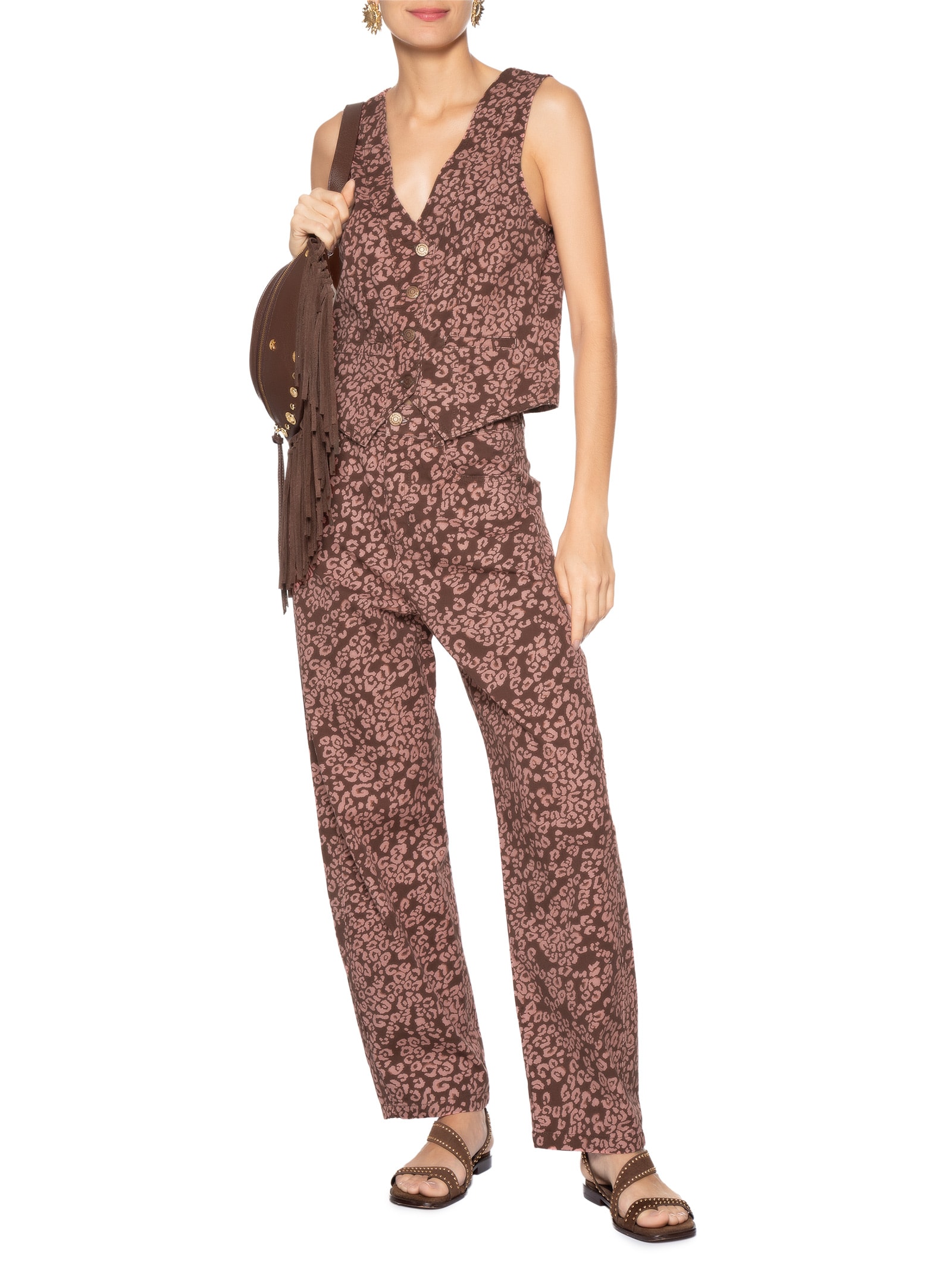 Colete Feminino Sarja Estampa Felina Marrom Dress To