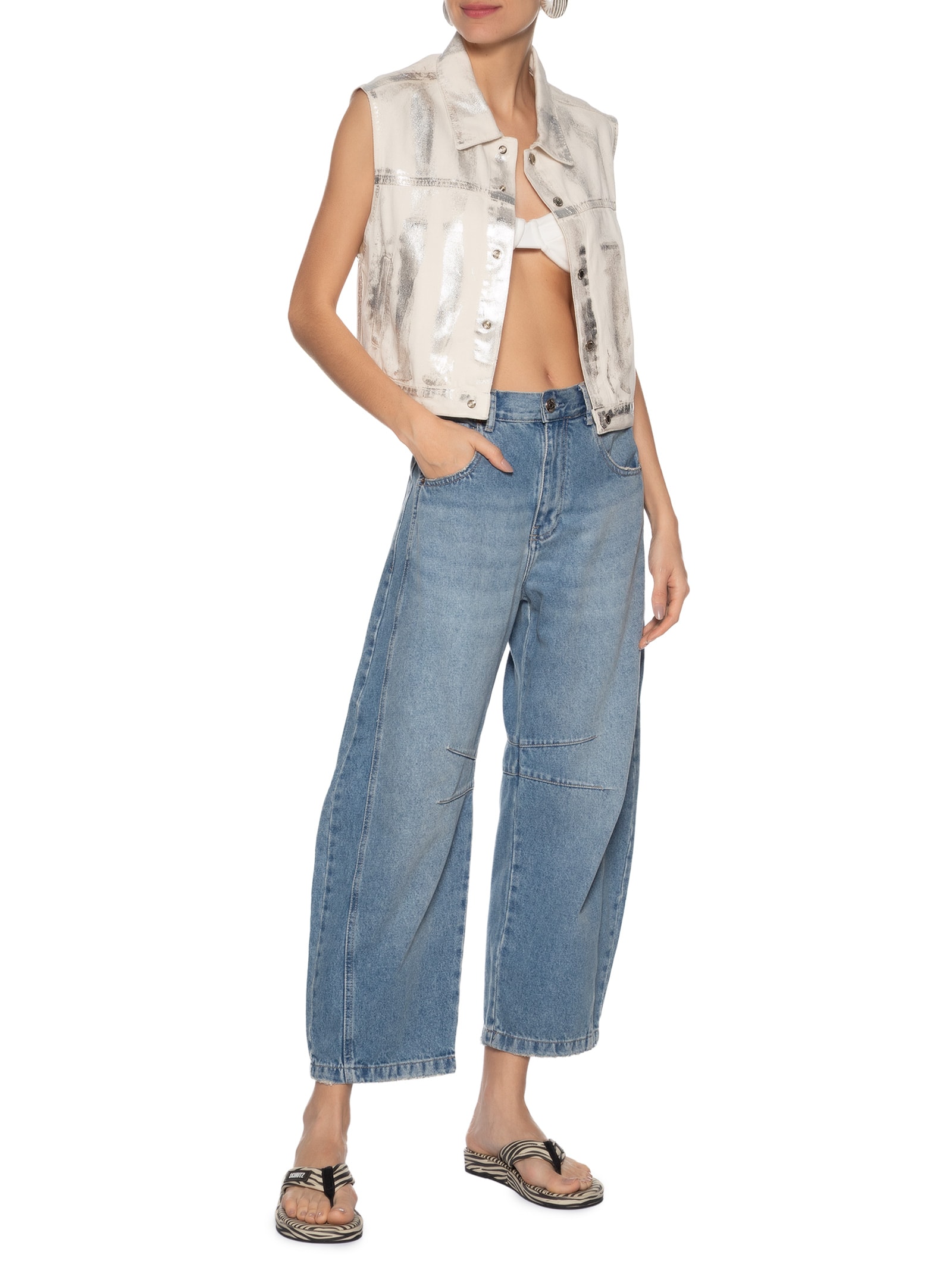 Colete Feminino Sarja Foil Metalizada Bege Animale Jeans