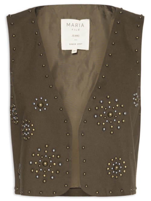 Colete Feminino Sarja Mix Rebites - Marrom