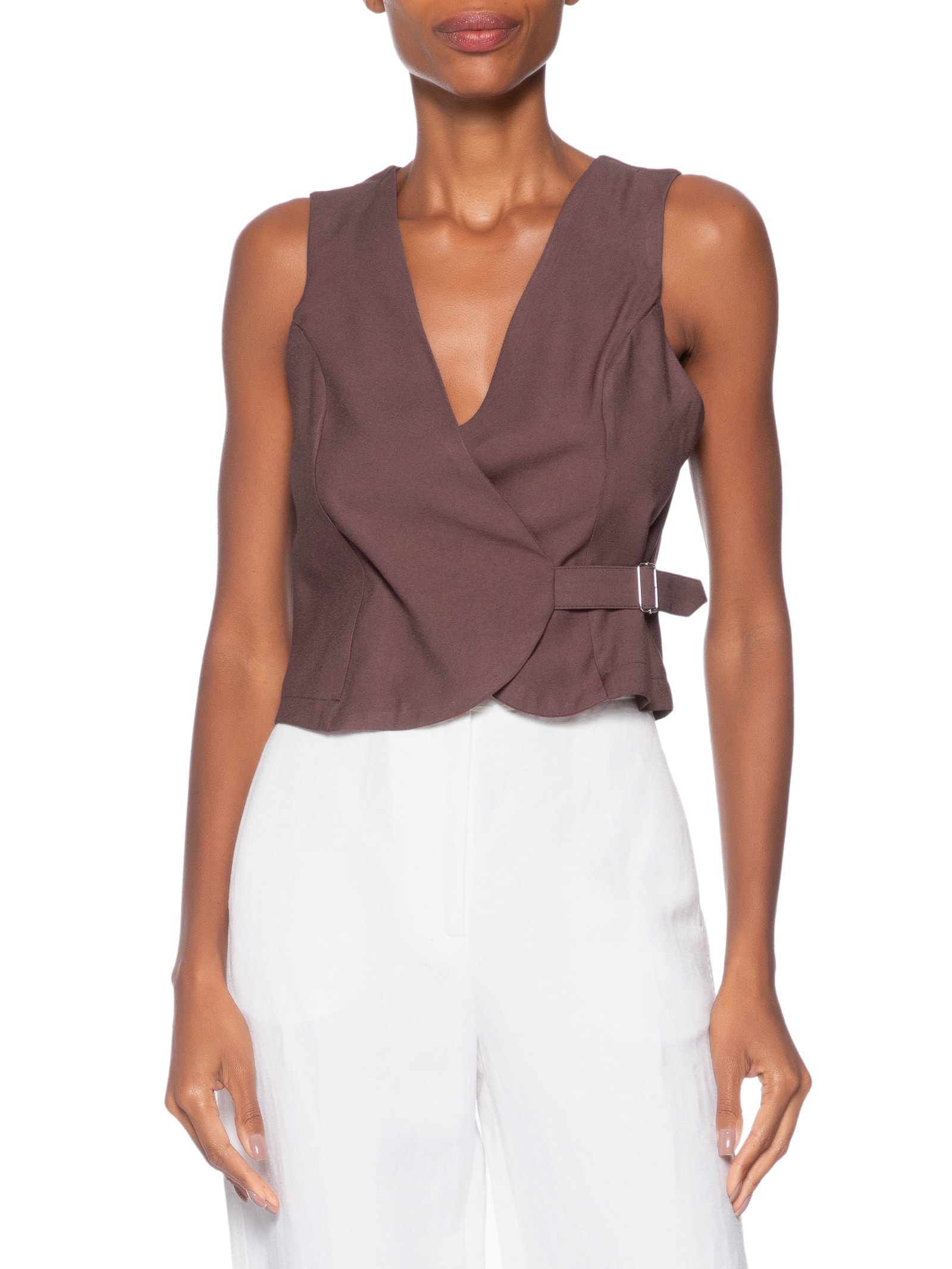 Colete Feminino Transpassado Com Fivela Marrom Basiq