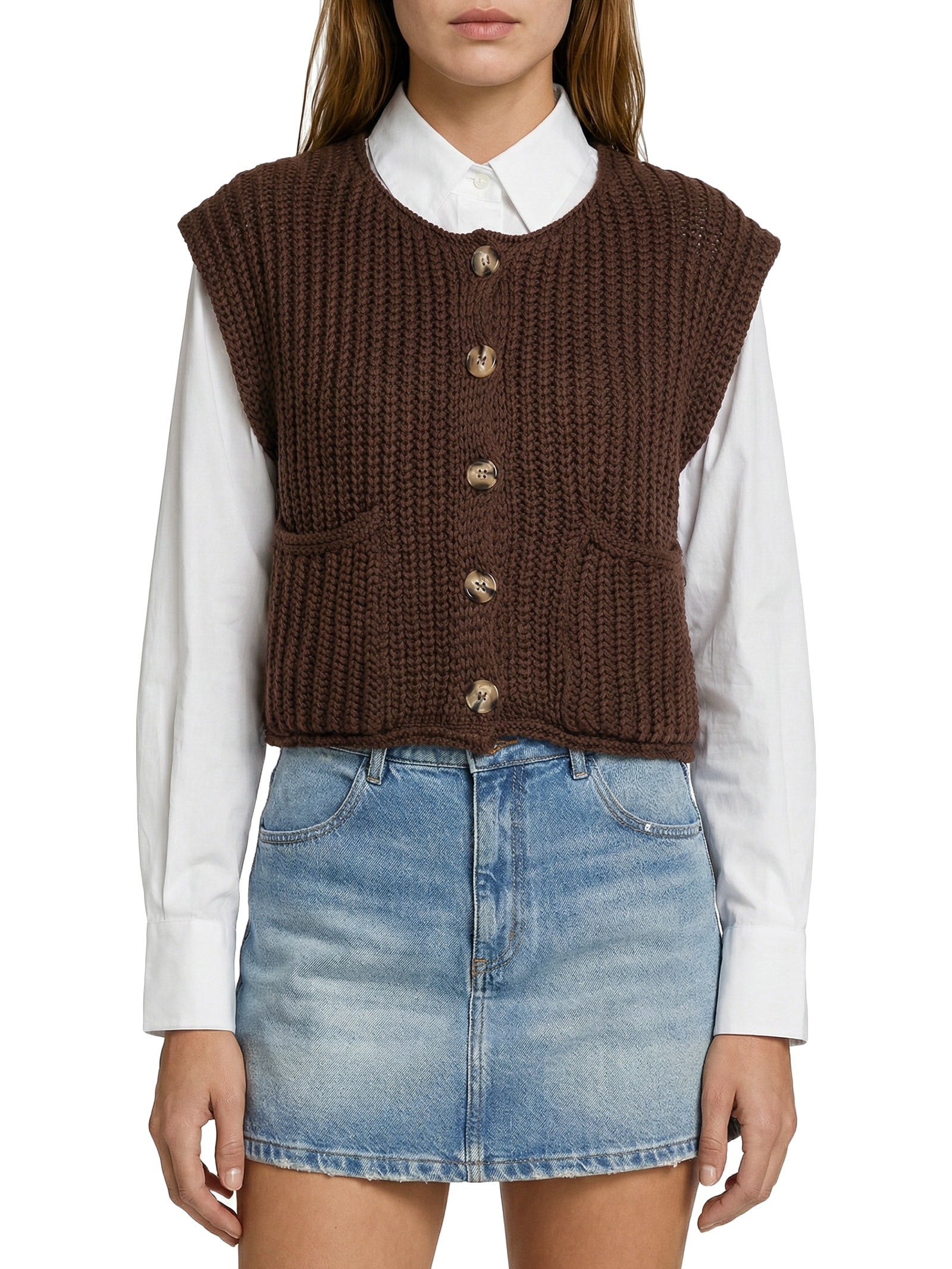 Colete Feminino Tricô Curto Marrom My Favorite