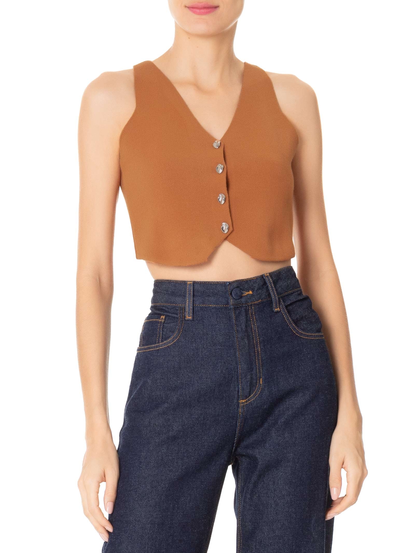 Colete Feminino Tricot Botões Metálicos Laranja Basiq