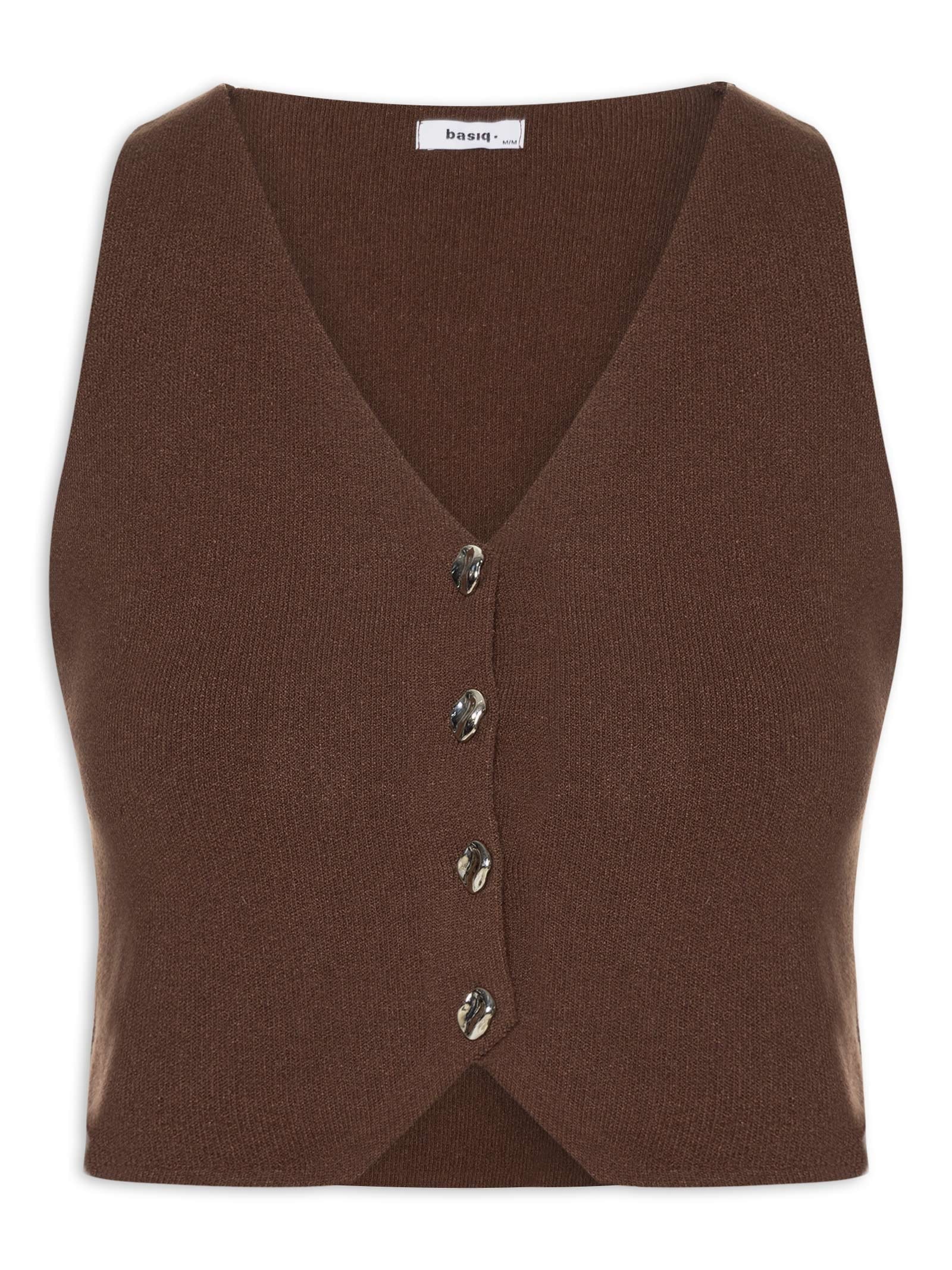Colete Feminino Tricot Botões Metálicos Marrom Basiq