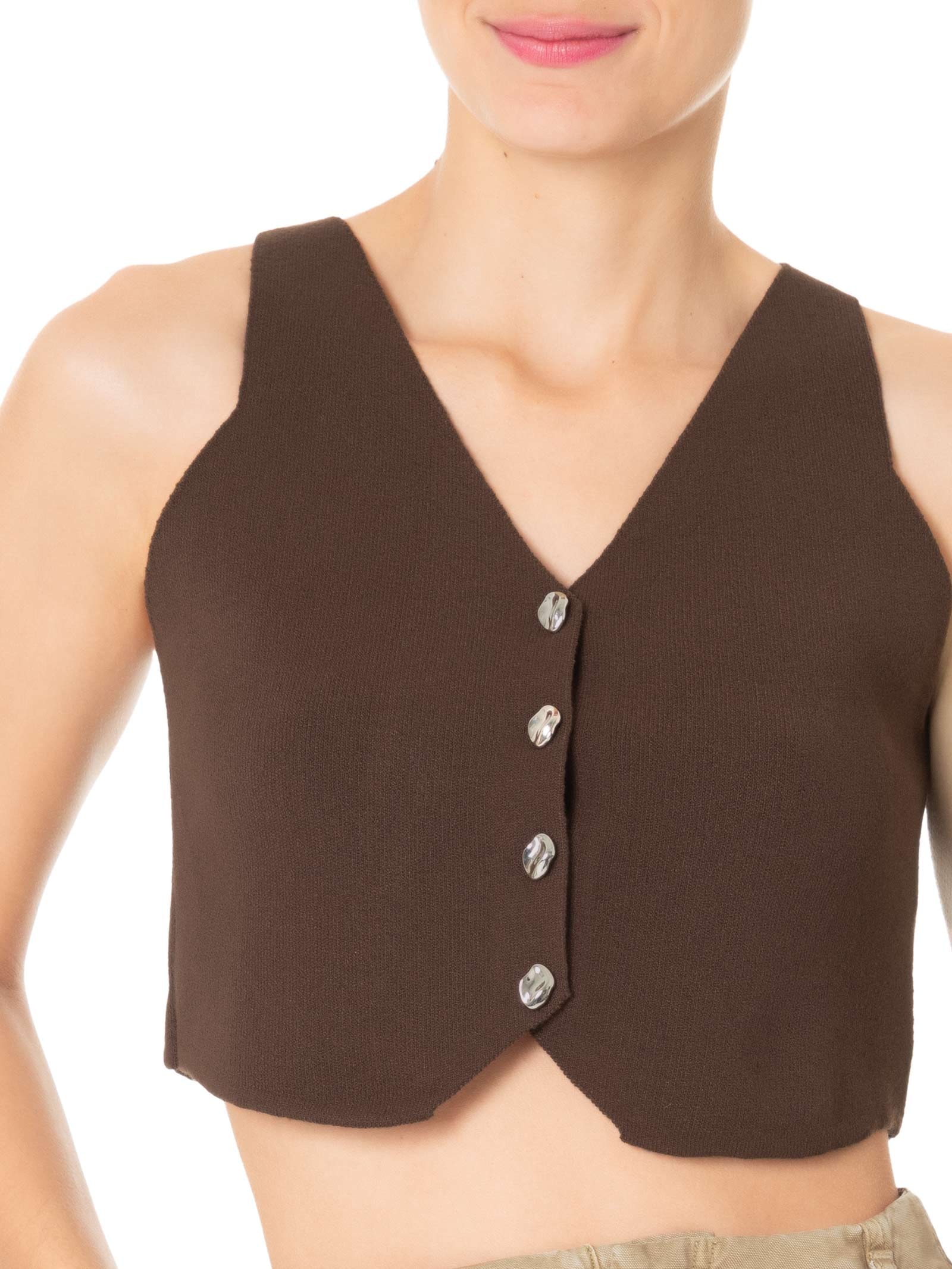 Colete Feminino Tricot Botões Metálicos Marrom Basiq