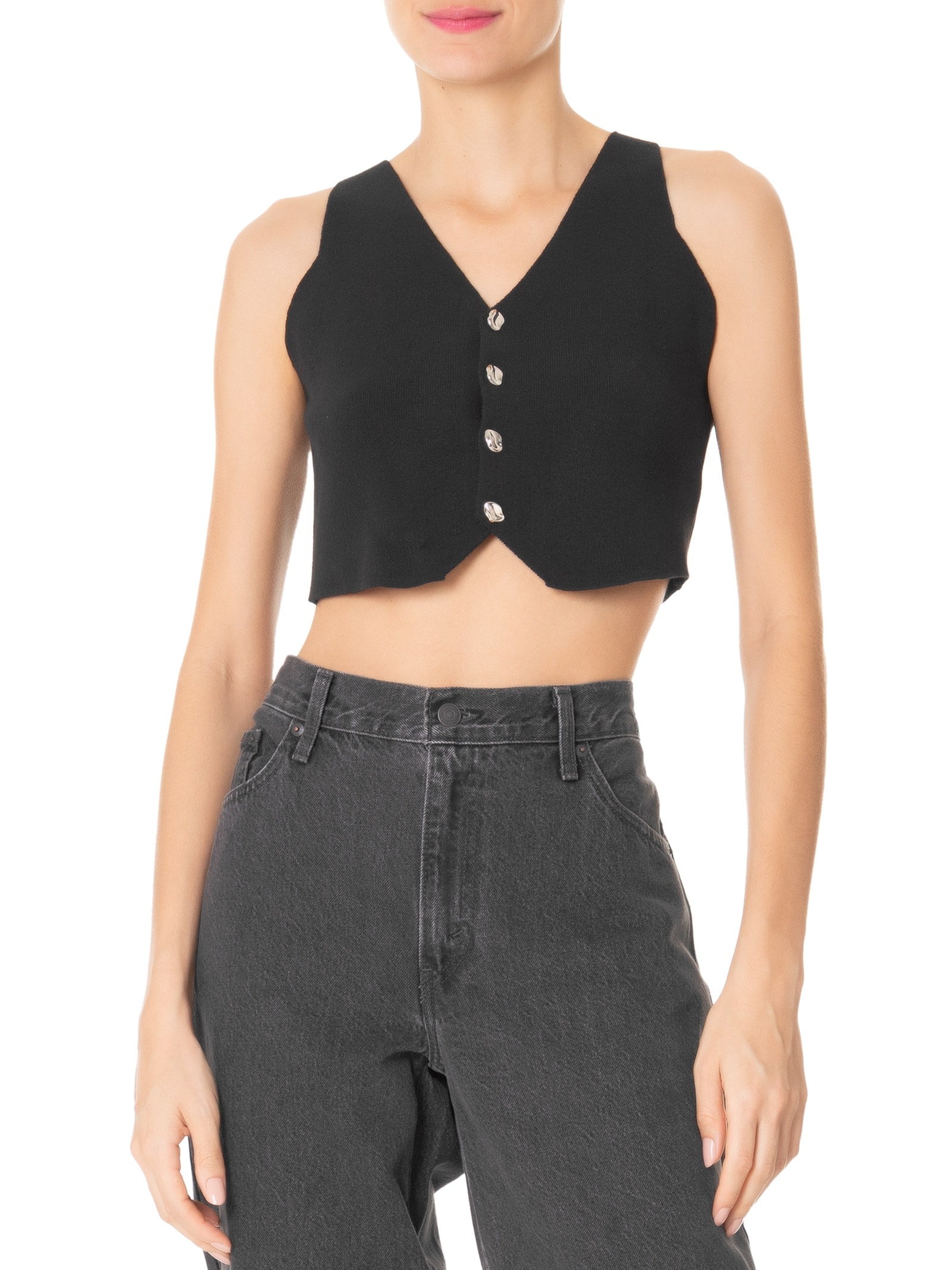 Colete Feminino Tricot Botões Metálicos Preto Basiq