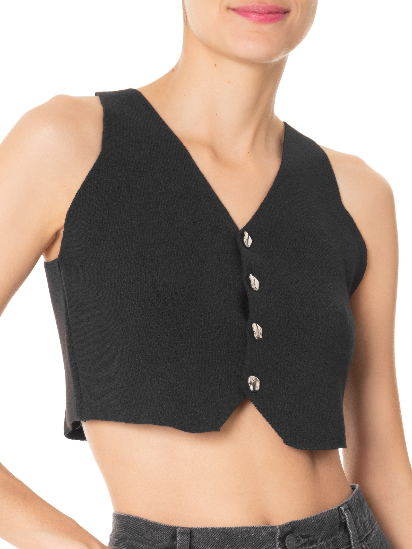 Colete Feminino Tricot Botões Metálicos Preto Basiq