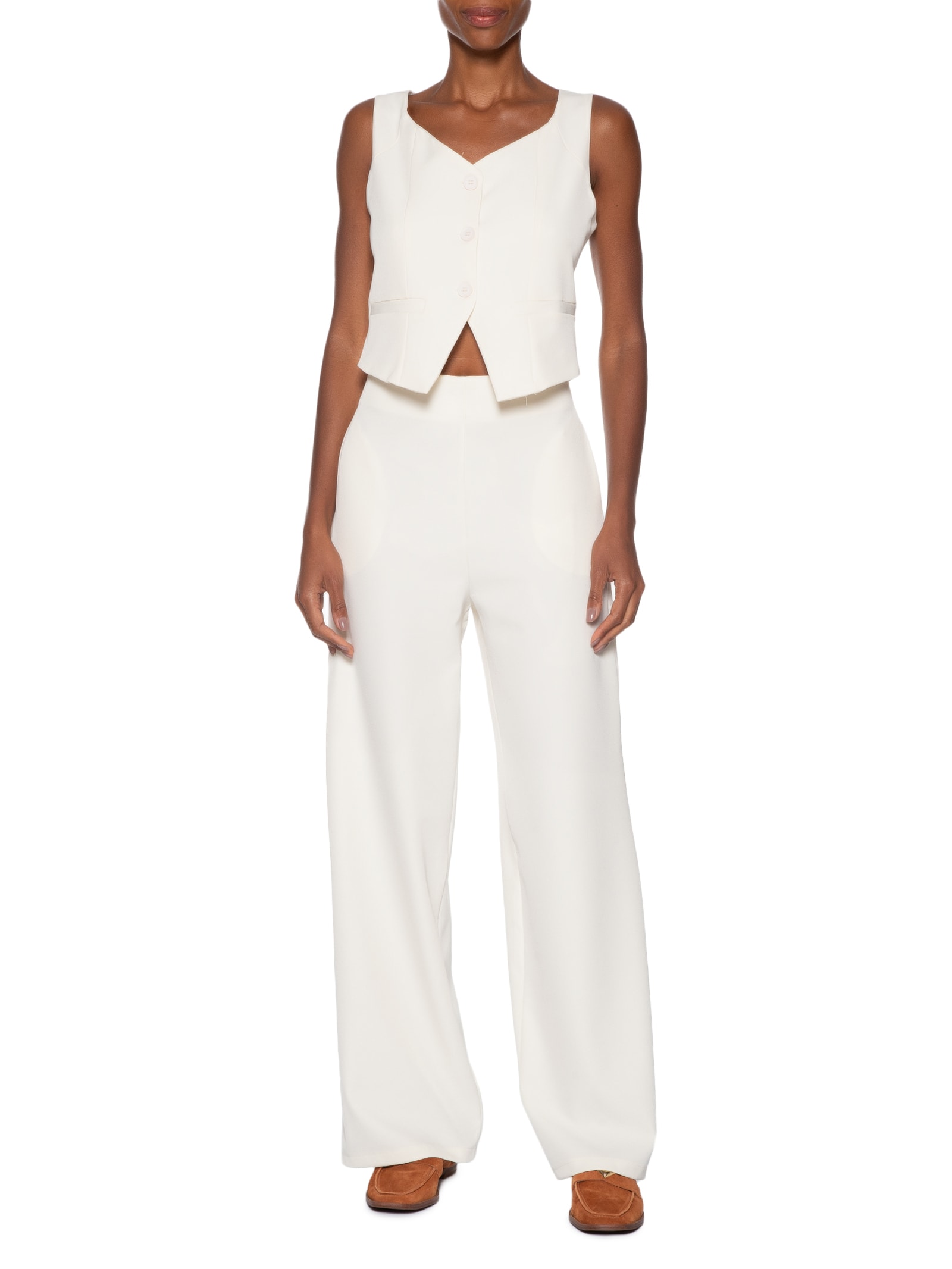 Conjunto Feminino Alfaiataria Colete Com Calça Branco Basiq