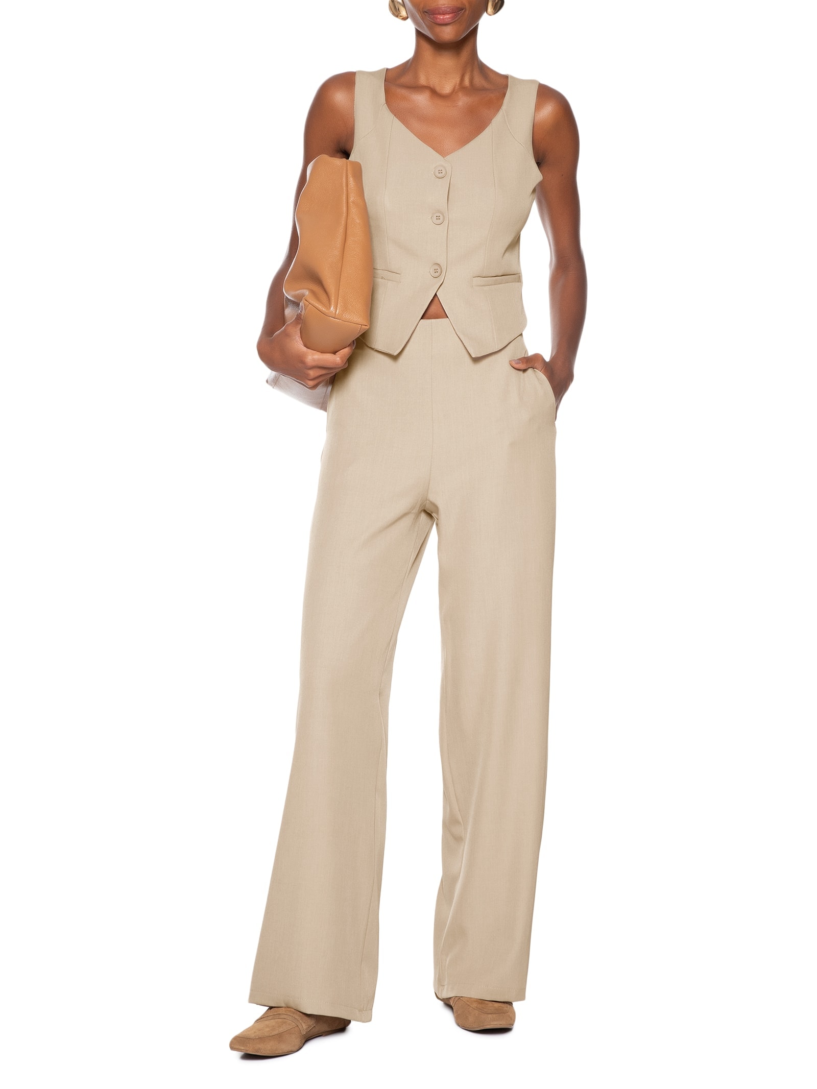 Conjunto Feminino Alfaiataria Colete Com Calça Marrom Basiq