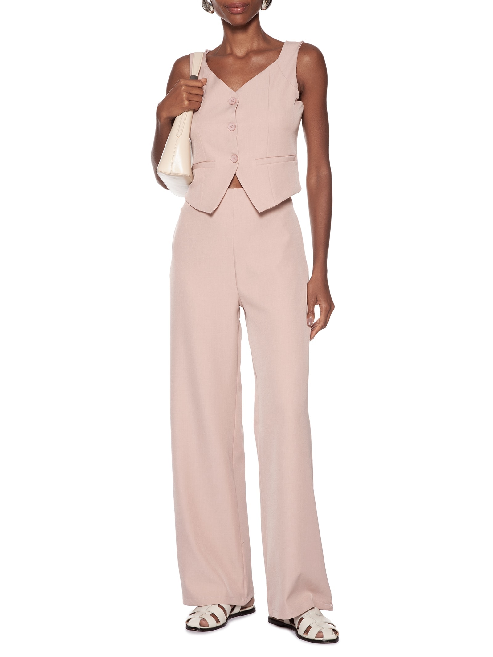 Conjunto Feminino Alfaiataria Colete Com Calça Rosa Basiq