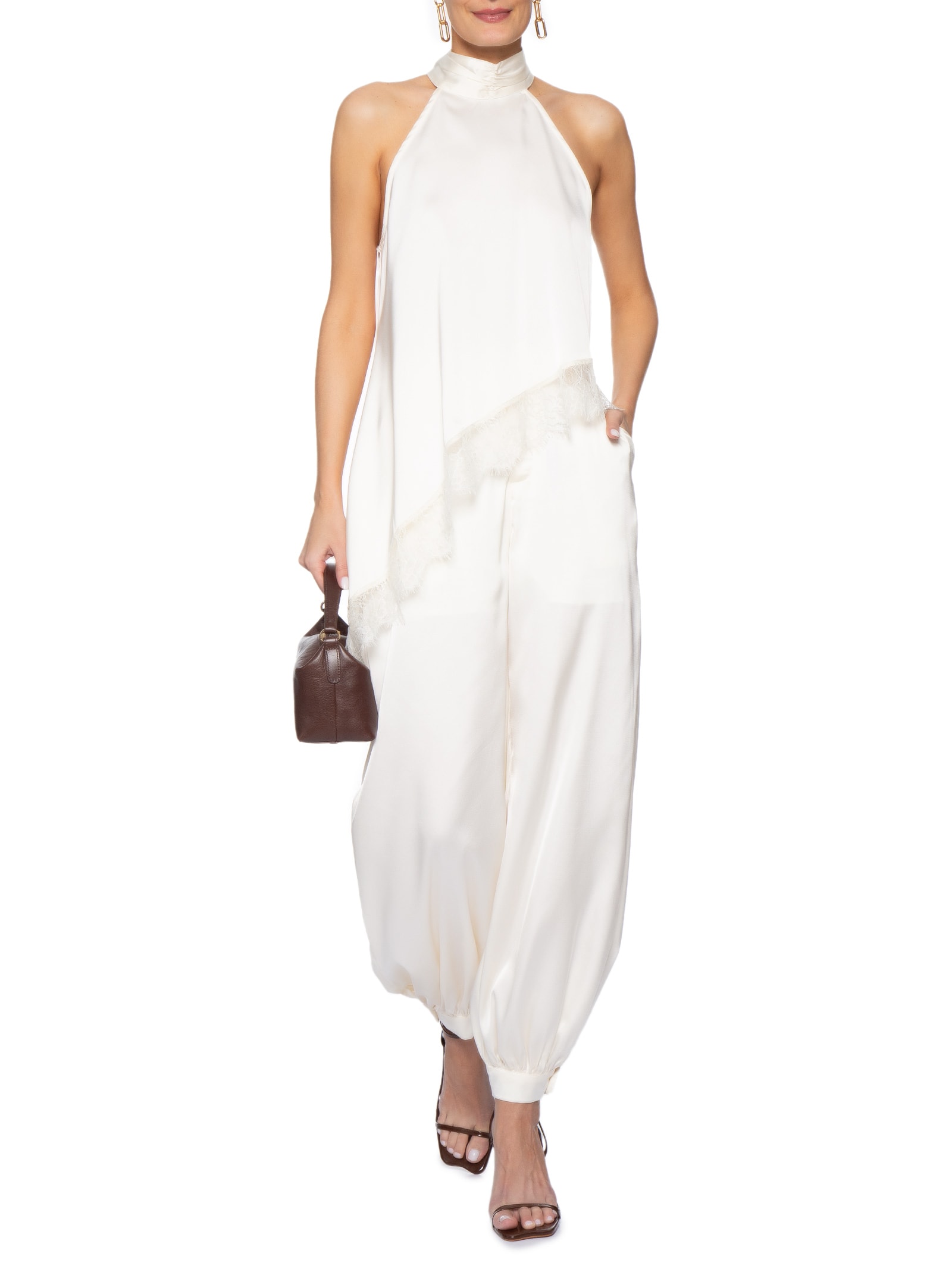 Conjunto Feminino Assimétrico com Detalhes em Renda Off White Market 33