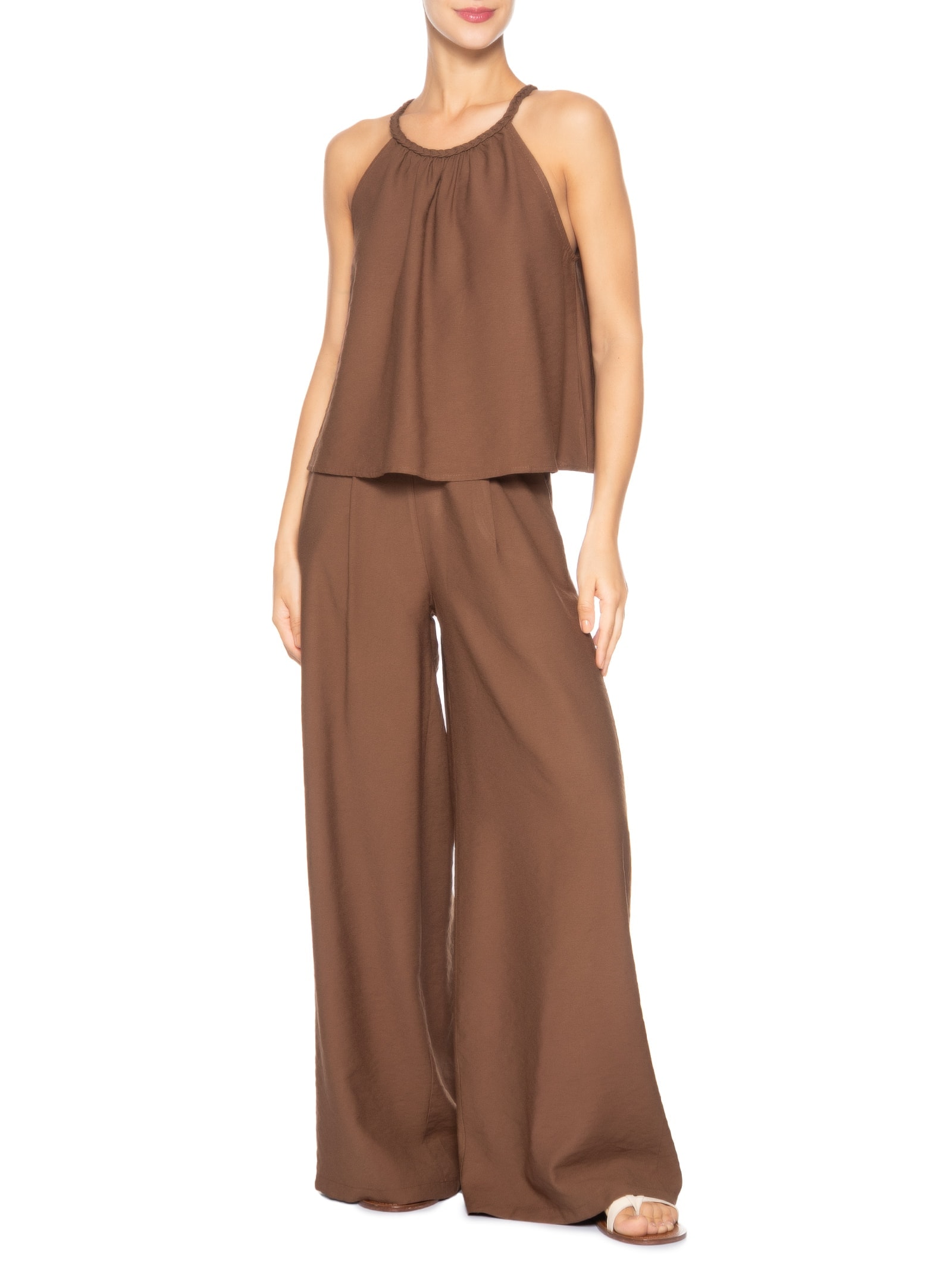 Conjunto Feminino Blusa Alcinha E Calça Pantalona Marrom Basiq