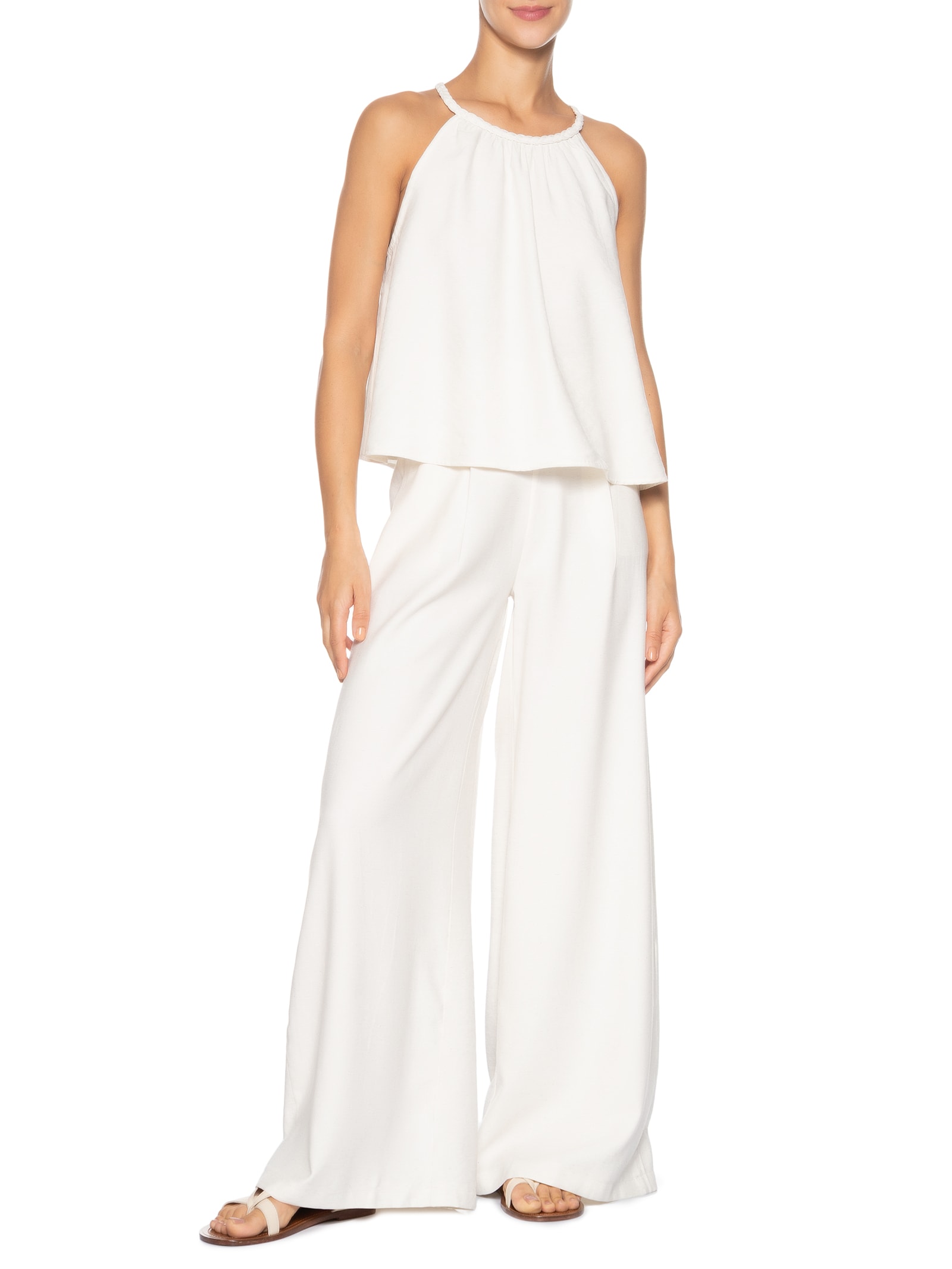 Conjunto Feminino Blusa Alcinha E Calça Pantalona Off White Basiq