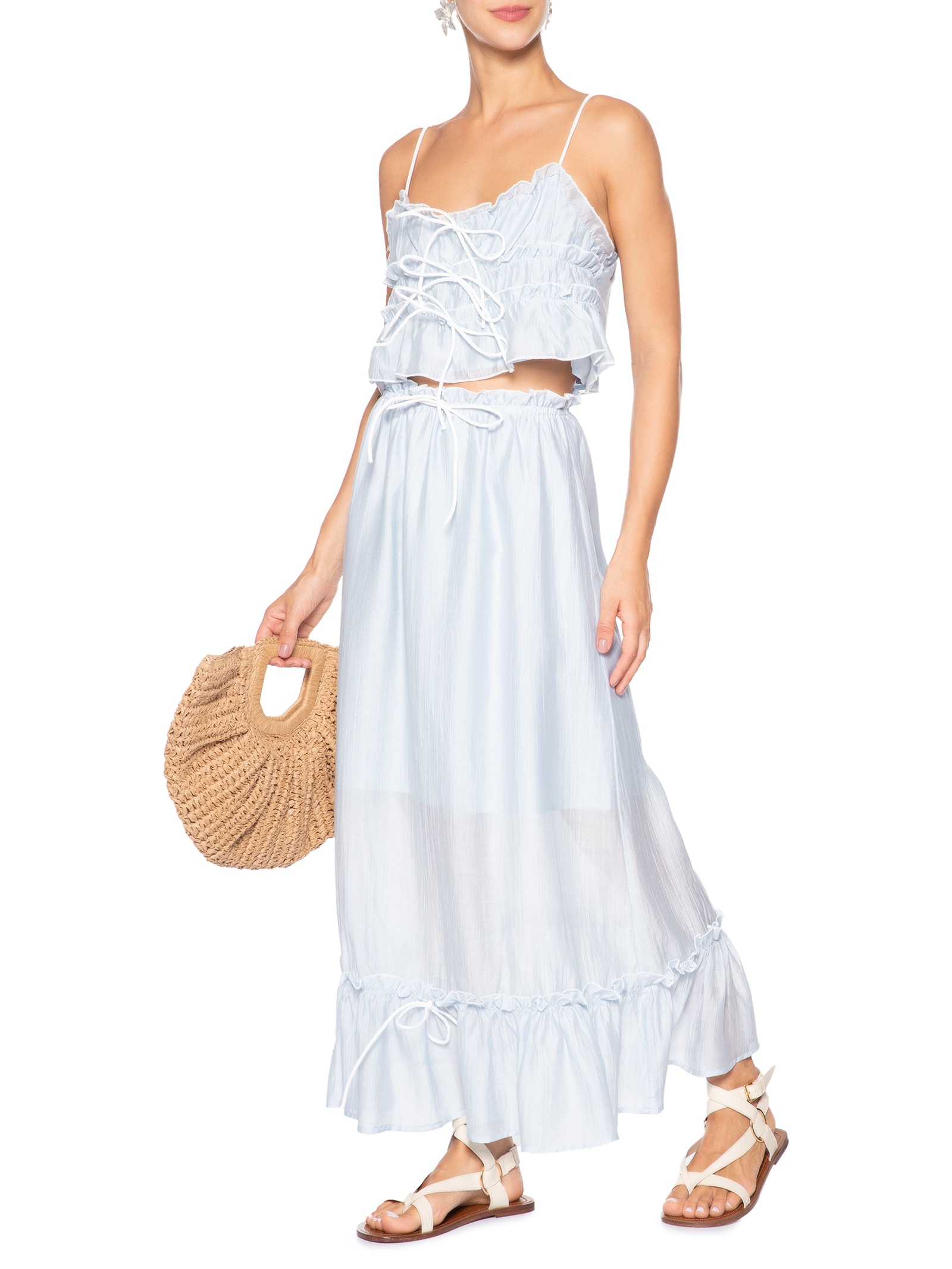 Conjunto Feminino Blusa Babados E Saia Midi Azul Market 33