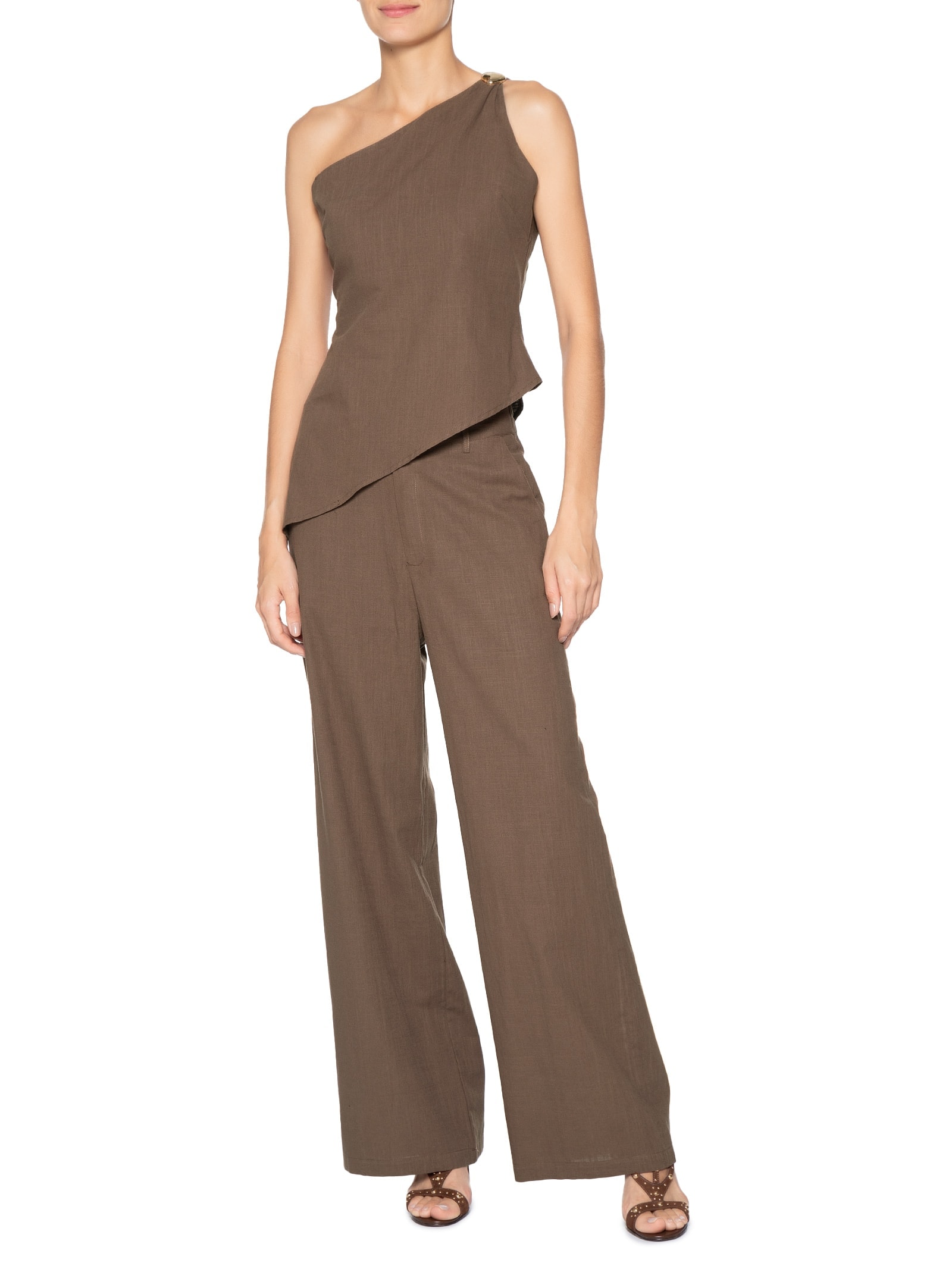 Conjunto Feminino Blusa E Calça Pantalona Marrom Market 33