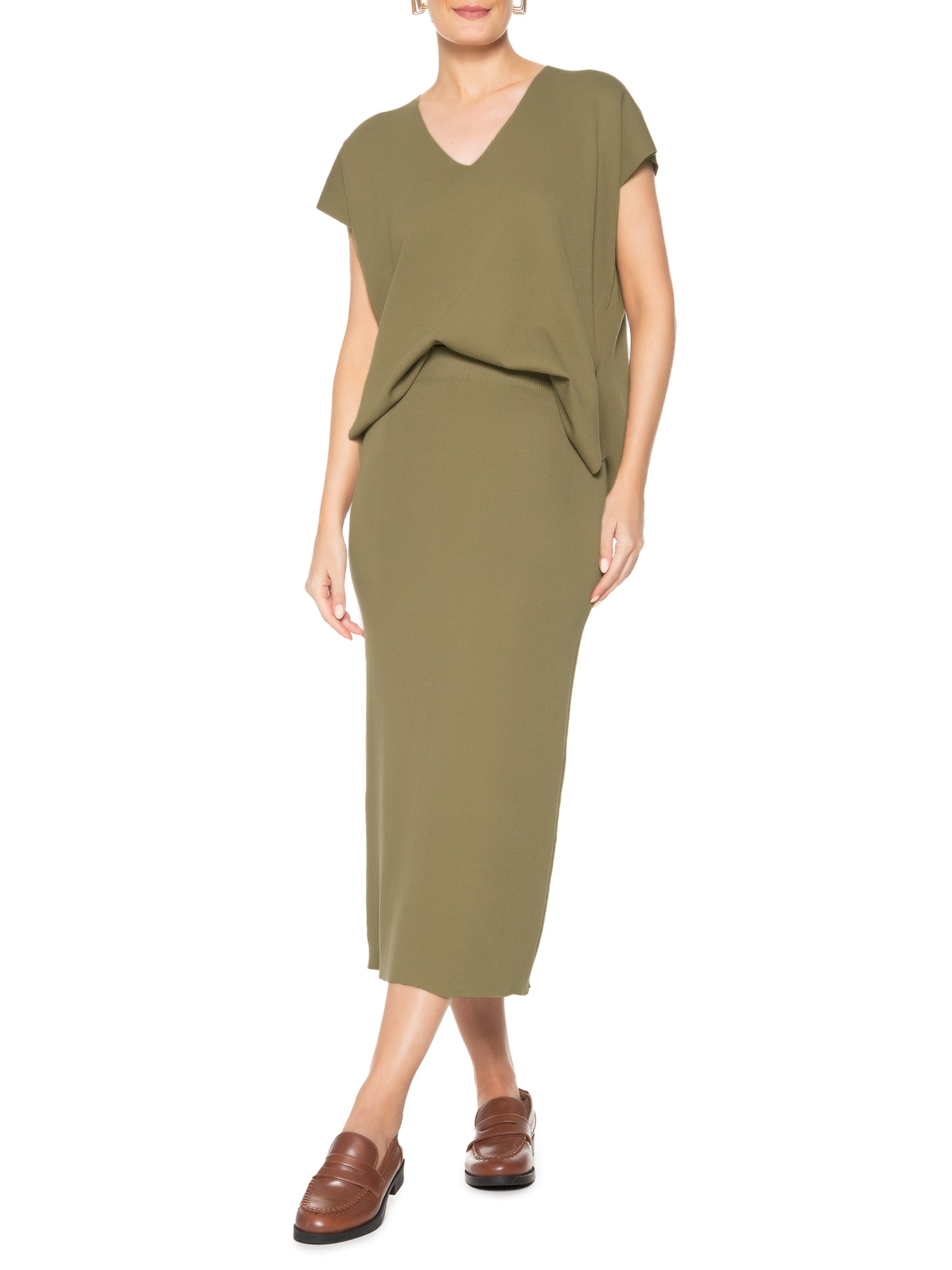 Conjunto Feminino Blusa e Saia em Tricot Verde '2Essential