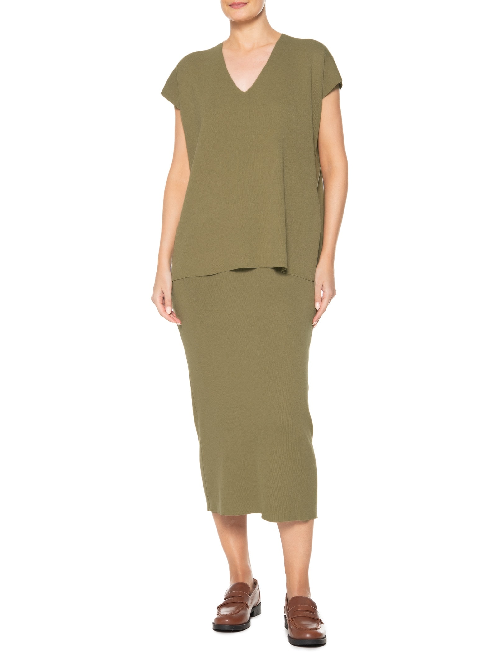 Conjunto Feminino Blusa e Saia em Tricot Verde '2Essential