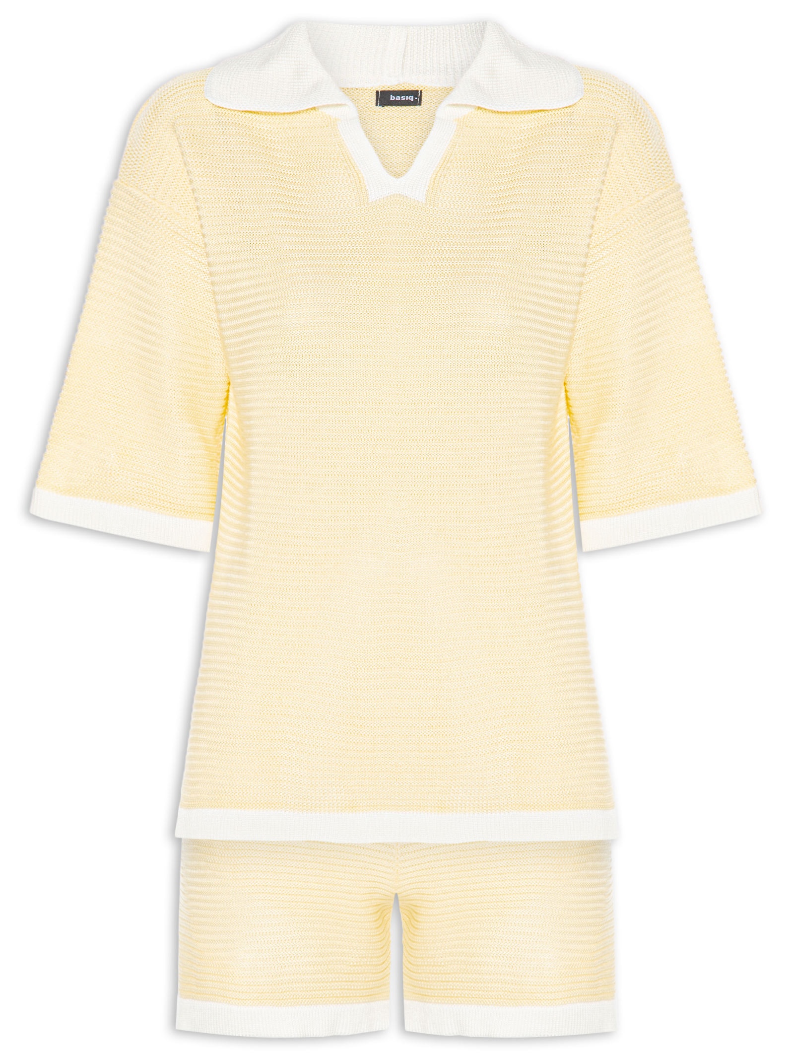 Conjunto Feminino Blusa E Short Em Tricot Bicolor Amarelo Basiq