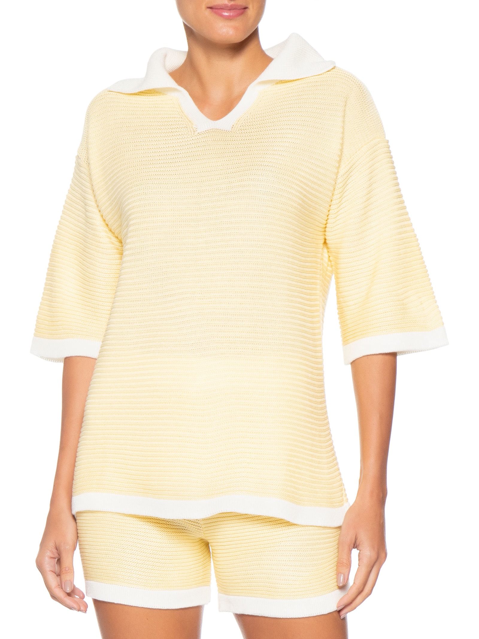 Conjunto Feminino Blusa E Short Em Tricot Bicolor Amarelo Basiq