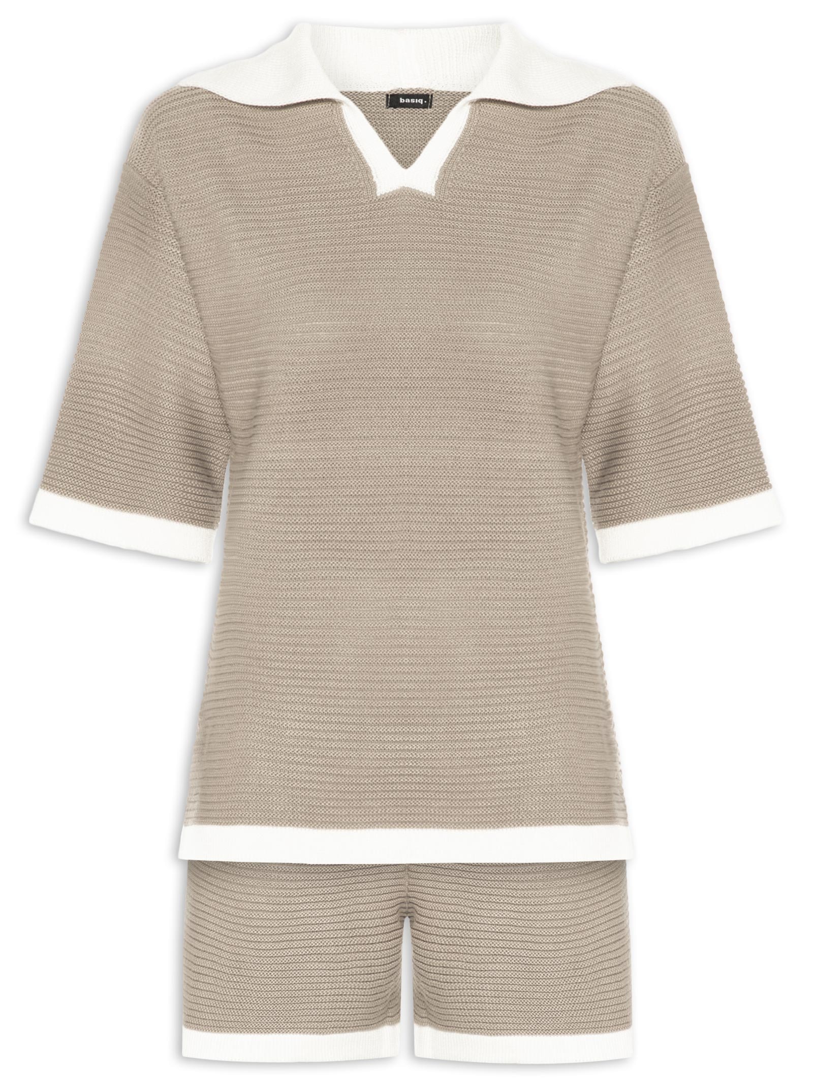 Conjunto Feminino Blusa E Short Em Tricot Bicolor Bege Basiq
