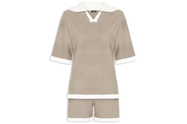 Conjunto Feminino Blusa E Short Em Tricot Bicolor - Bege