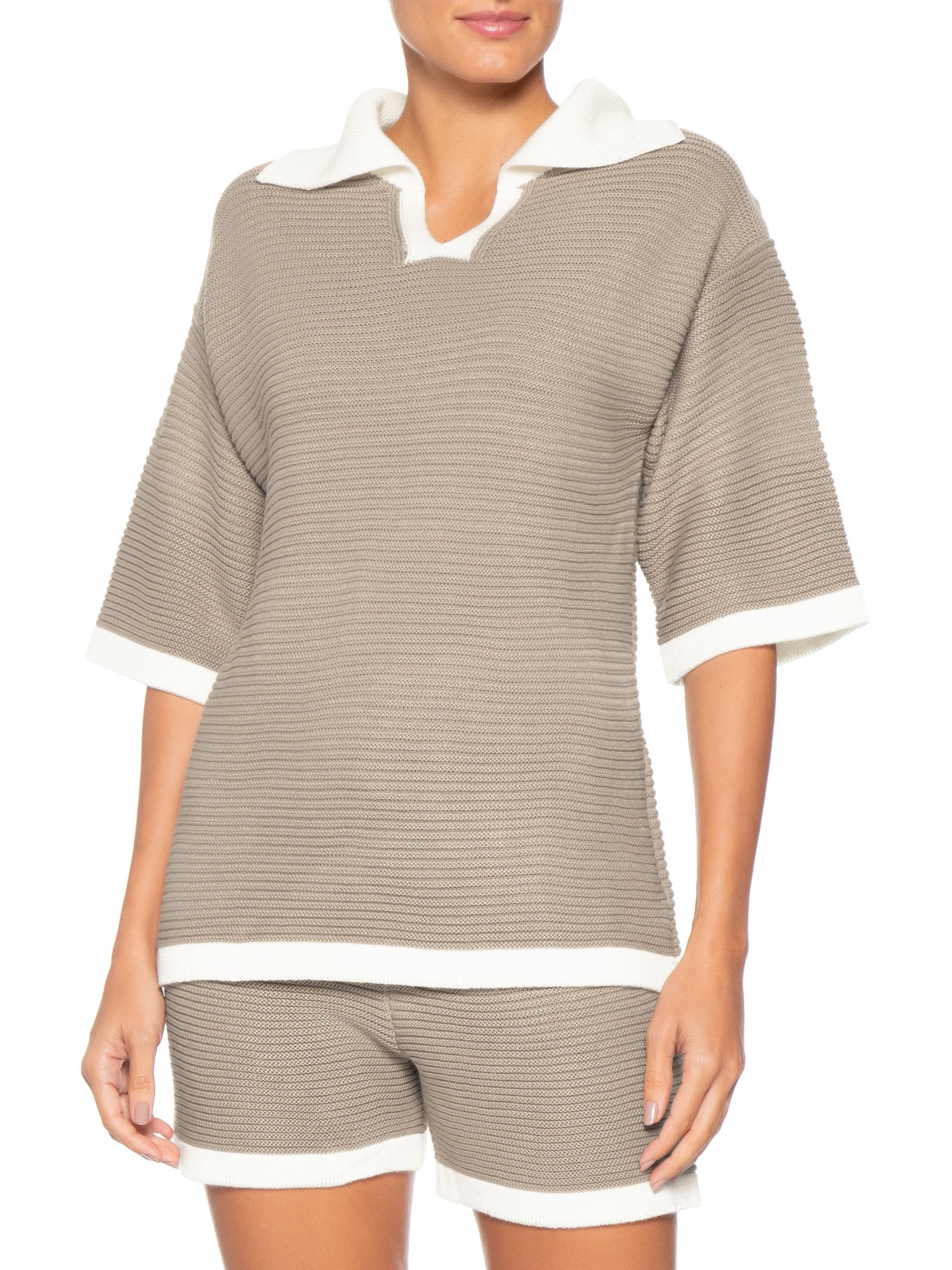 Conjunto Feminino Blusa E Short Em Tricot Bicolor Bege Basiq