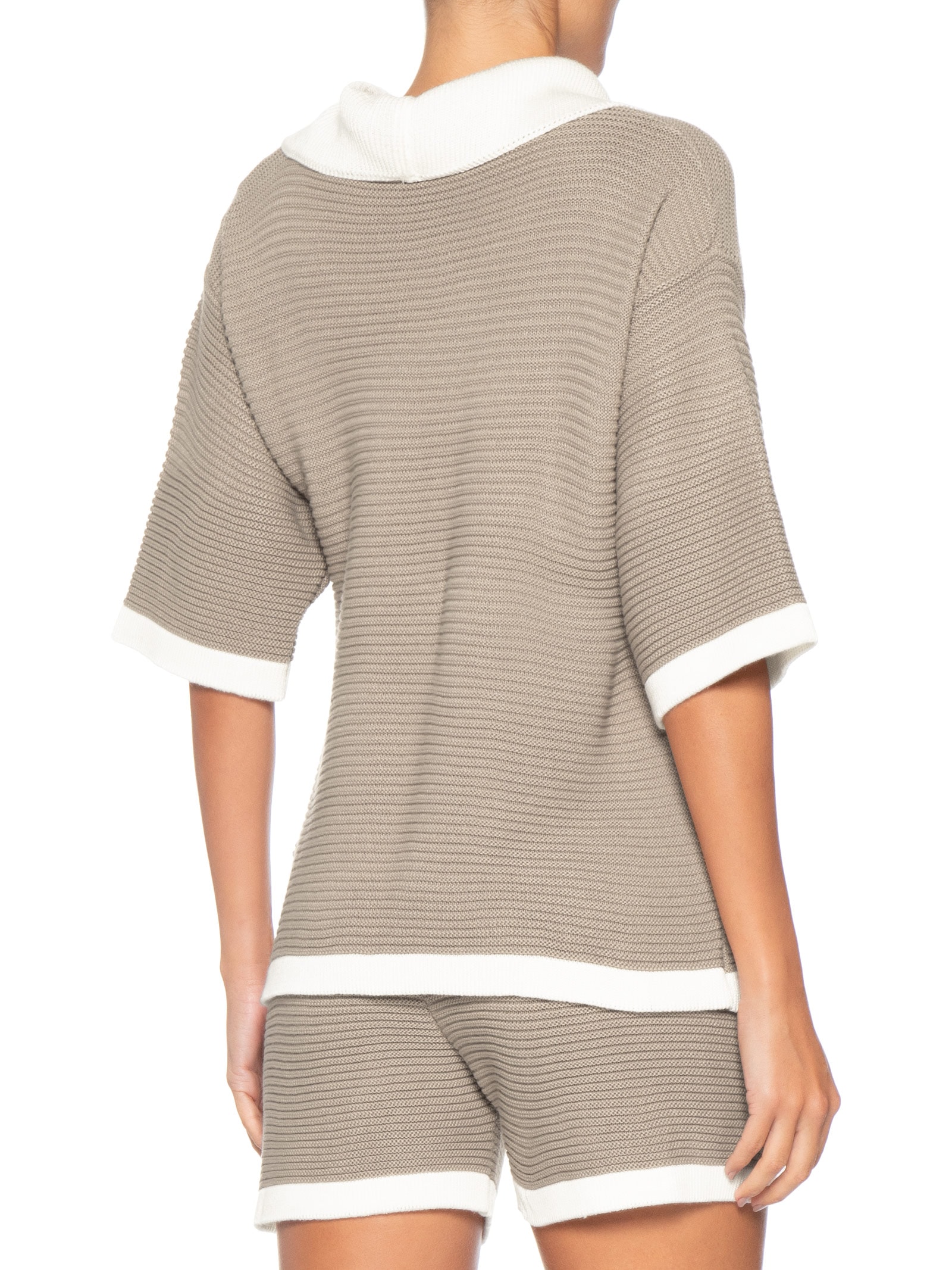 Conjunto Feminino Blusa E Short Em Tricot Bicolor Bege Basiq