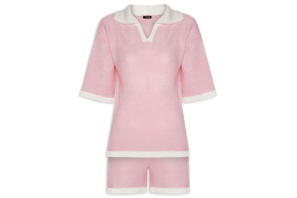 Conjunto Feminino Blusa E Short Em Tricot Bicolor - Rosa