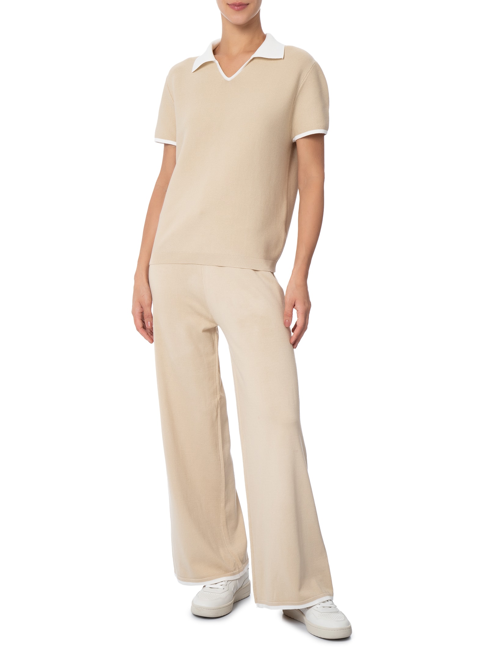 Conjunto Feminino Blusa Gola Esporte E Calça Tricot Bicolor Bege Basiq