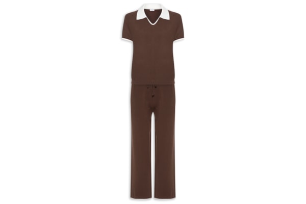 Conjunto Feminino Blusa Gola Esporte E Calça Tricot Bicolor - Marrom