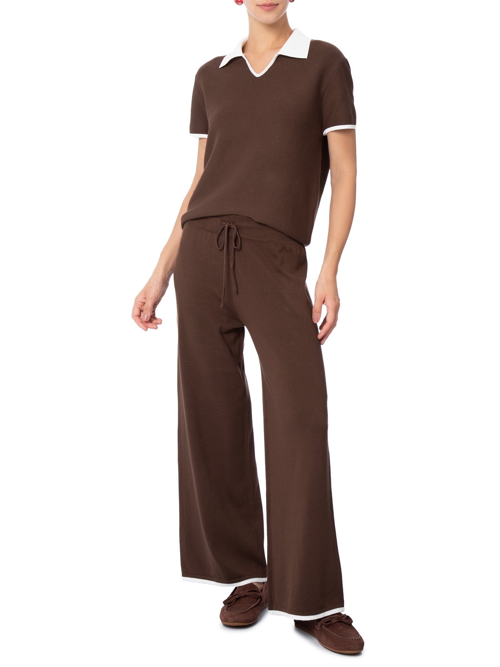 Conjunto Feminino Blusa Gola Esporte E Calça Tricot Bicolor Marrom Basiq