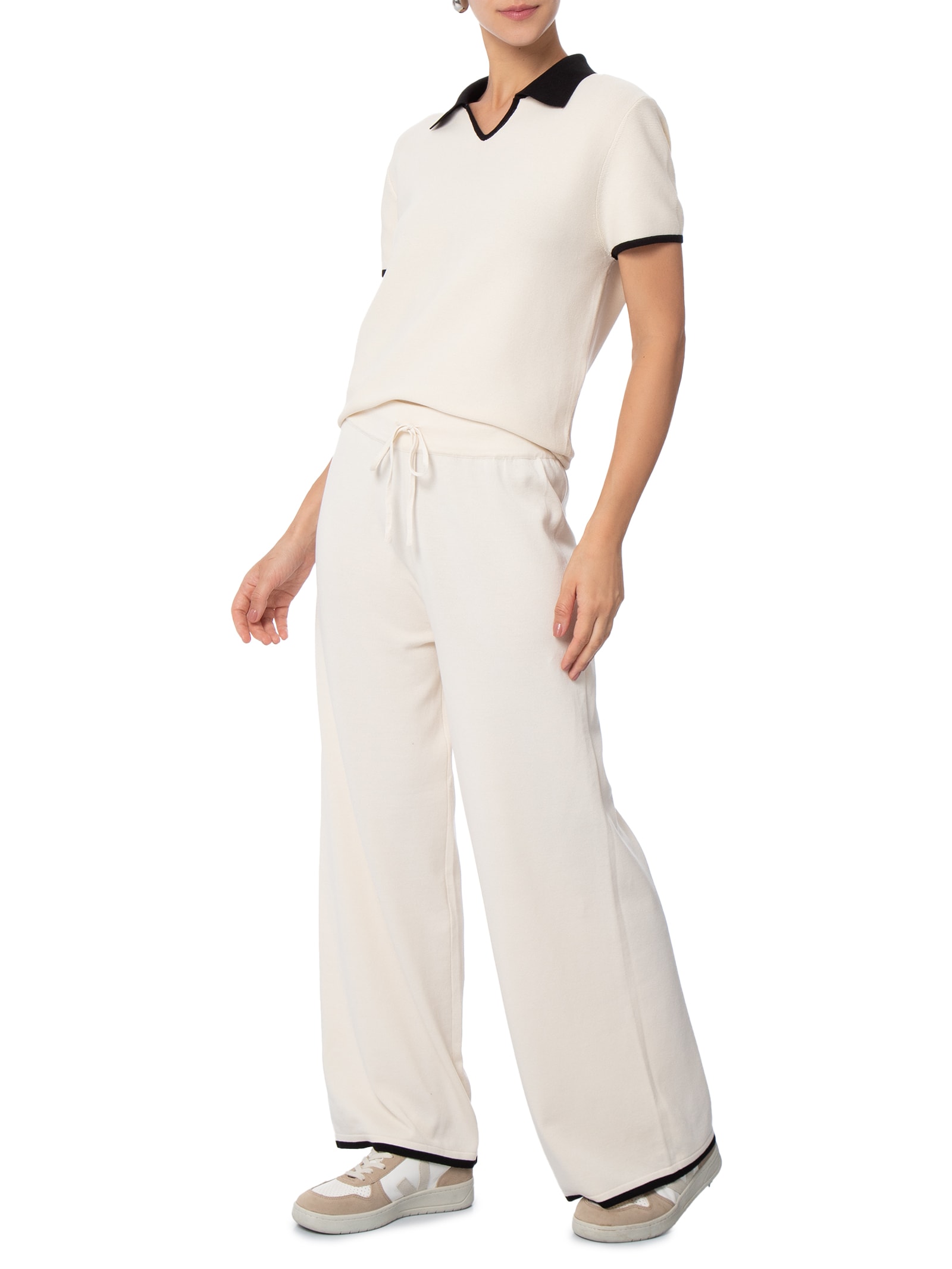Conjunto Feminino Blusa Gola Esporte E Calça Tricot Bicolor Off White Basiq